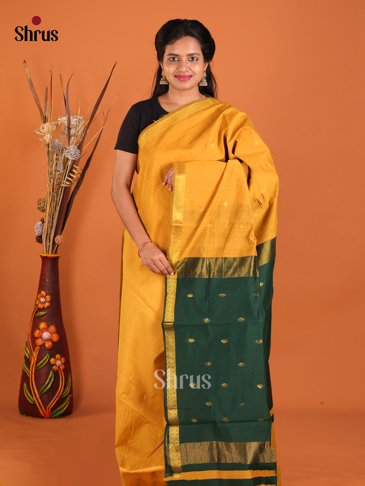 Mustard & Green  - Semi Maheshwari Saree - Shop on Shrus.com