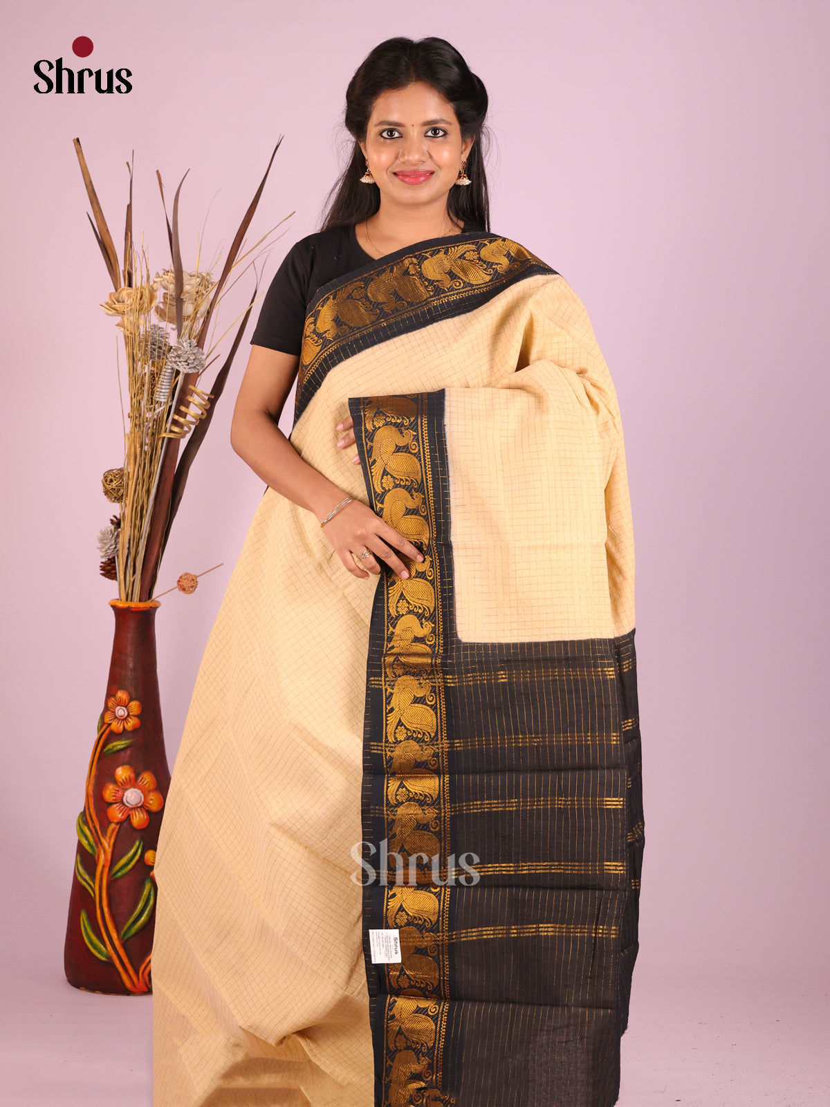 Cream & Black - Sungudi Cotton Saree