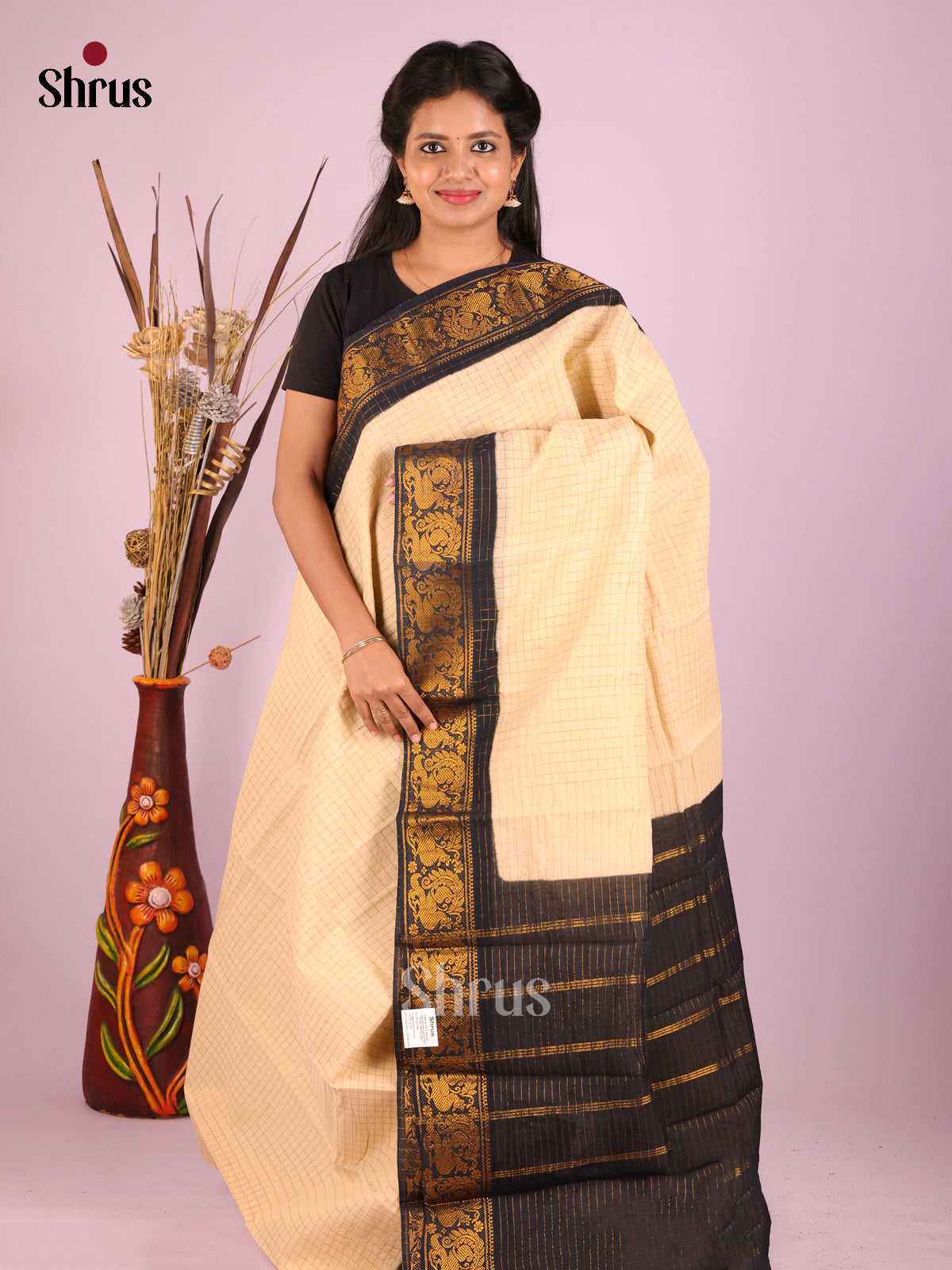 Cream & Black - Sungudi Cotton Saree