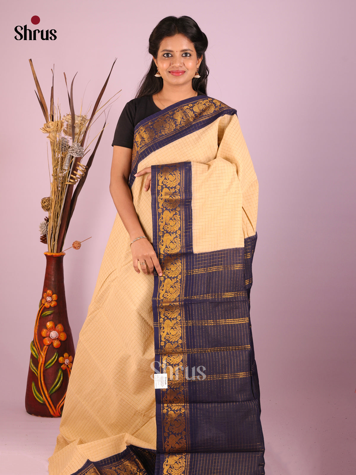 Cream & Blue- Sungudi Cotton Saree