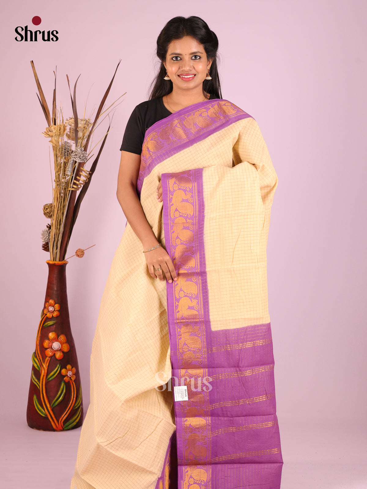 Cream & Lavender - Sungudi Cotton Saree