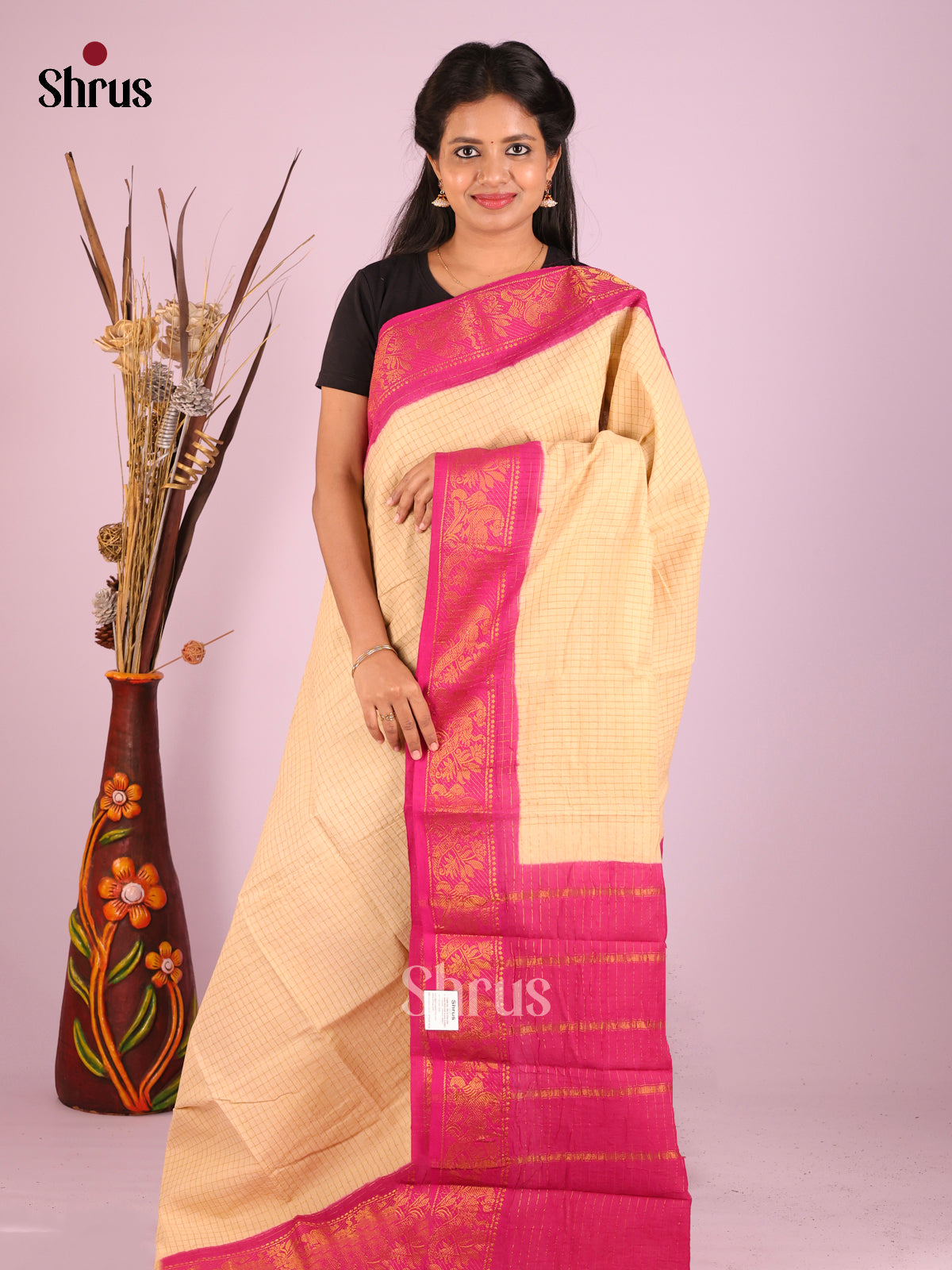 Cream  & Pink - Sungudi Cotton Saree
