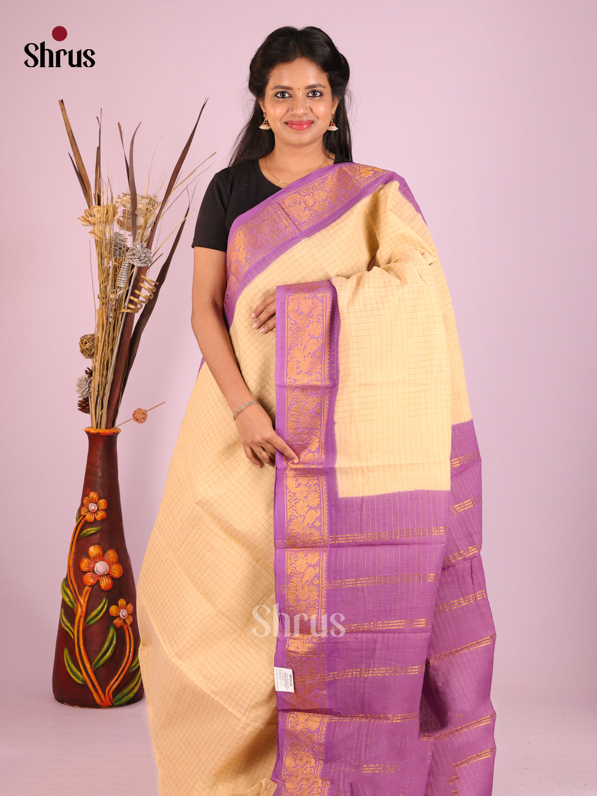Cream & Lavender - Sungudi Cotton Saree