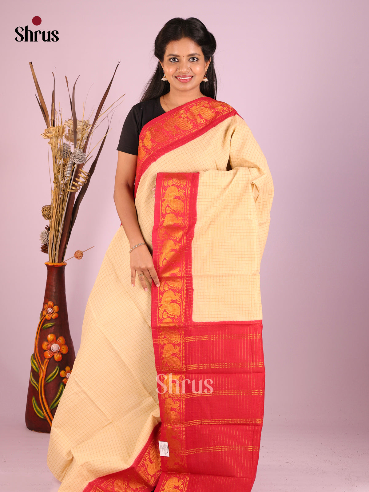 Cream & Red - Sungudi Cotton Saree
