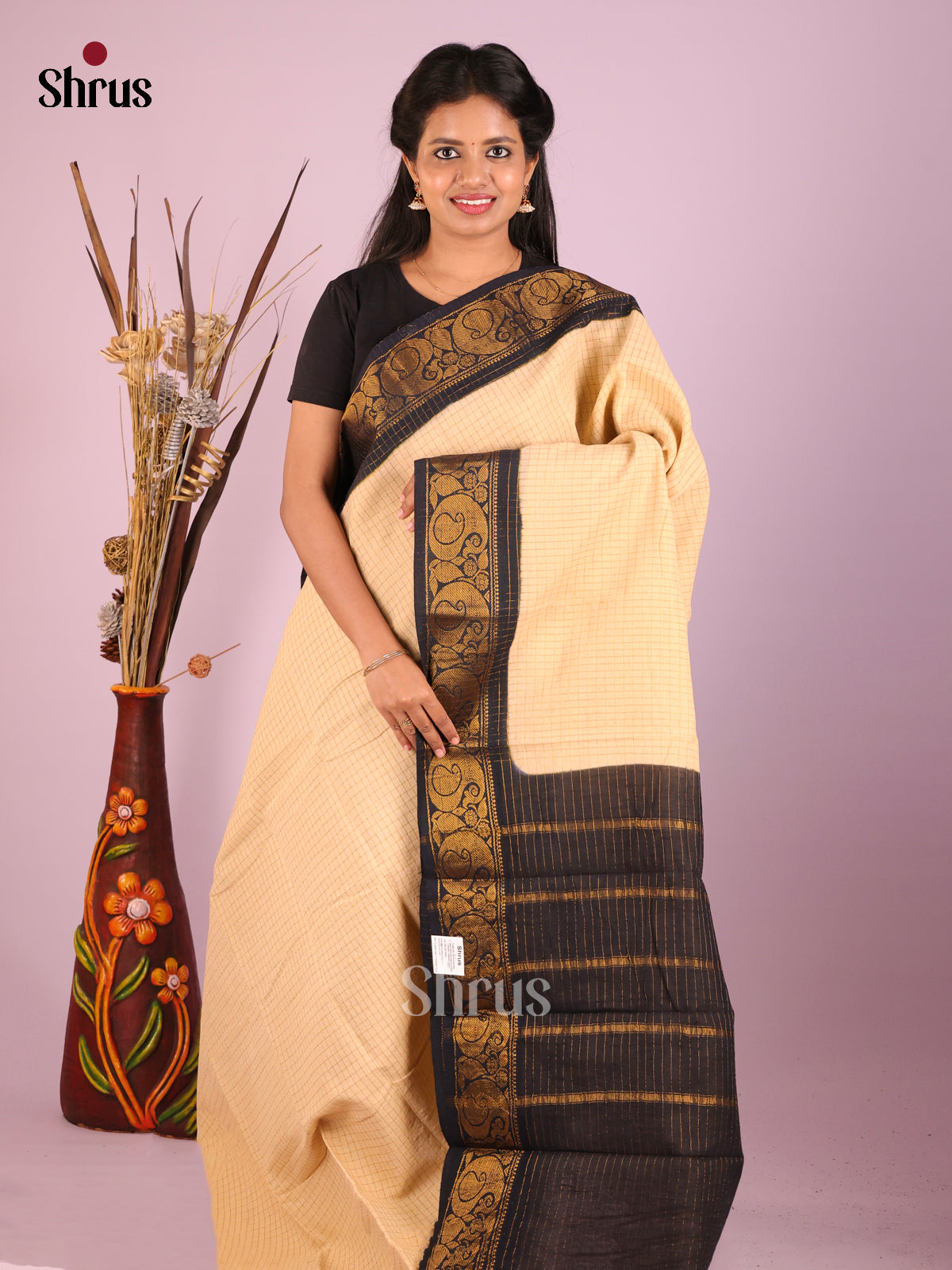 Cream & Black - Sungudi Cotton Saree
