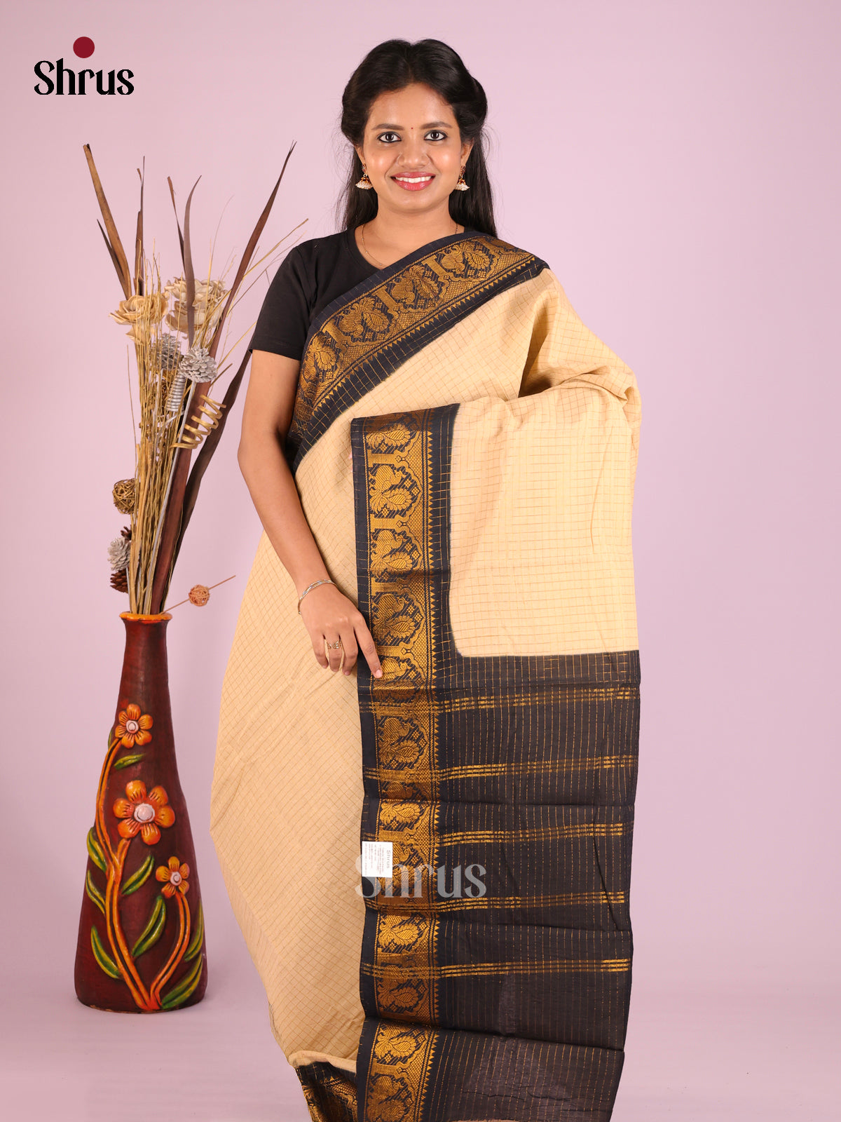 Cream & Black - Sungudi Cotton Saree