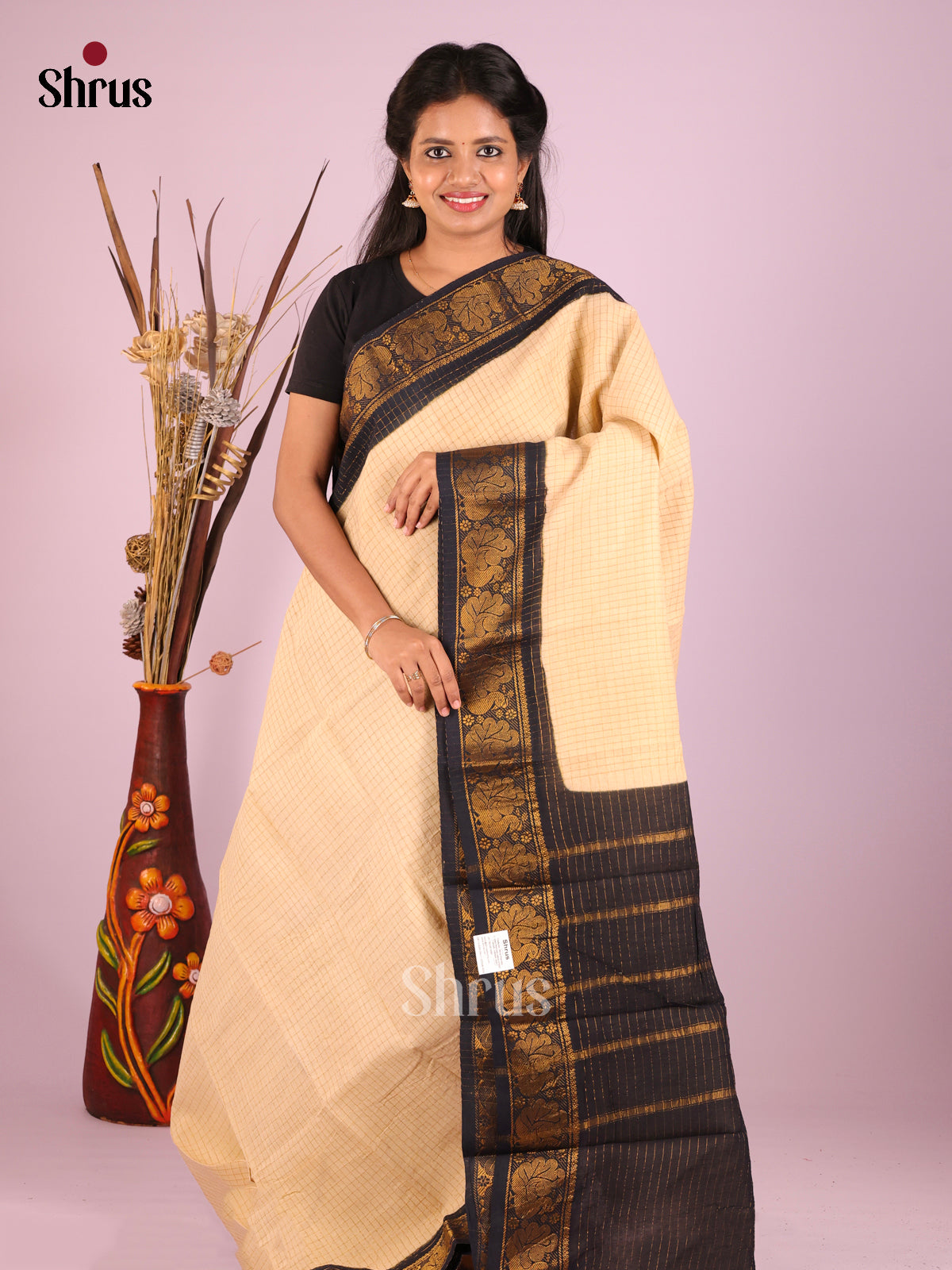 Cream & Black - Sungudi Cotton Saree