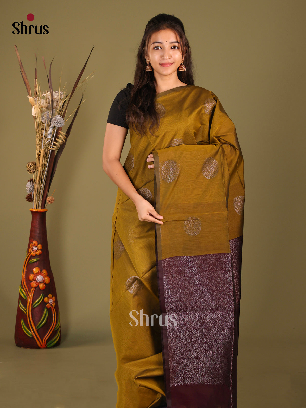 Mehandi & Maroon - Semi Silkcotton Saree - Shop on Shrus.com