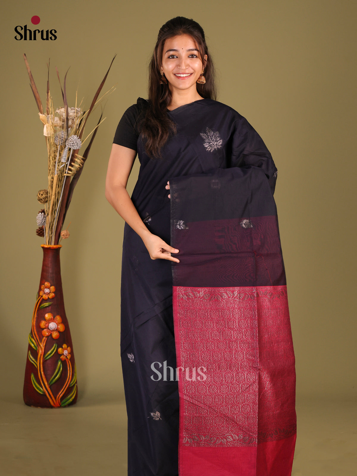 Navy Blue & Maroon - Semi Silkcotton Saree - Shop on Shrus.com