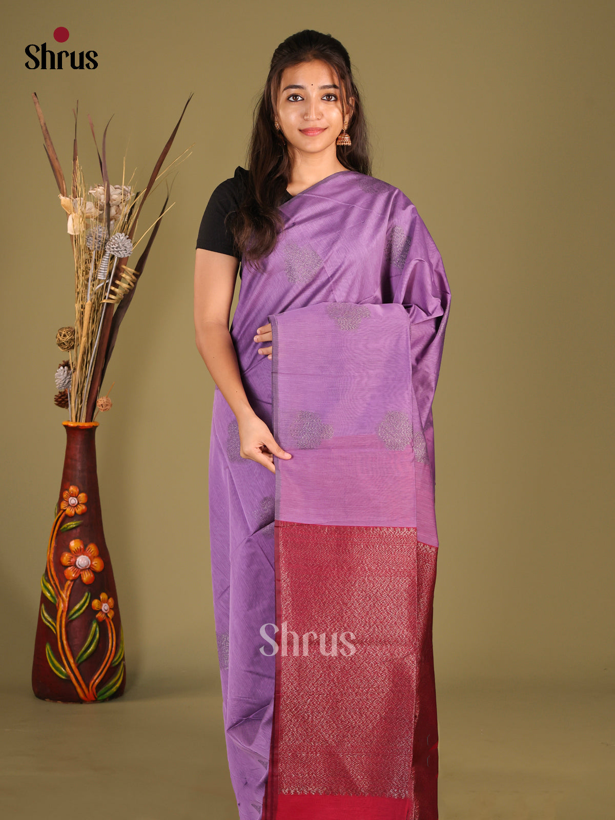 Lavender & Maroon- Semi Silkcotton Saree - Shop on Shrus.com
