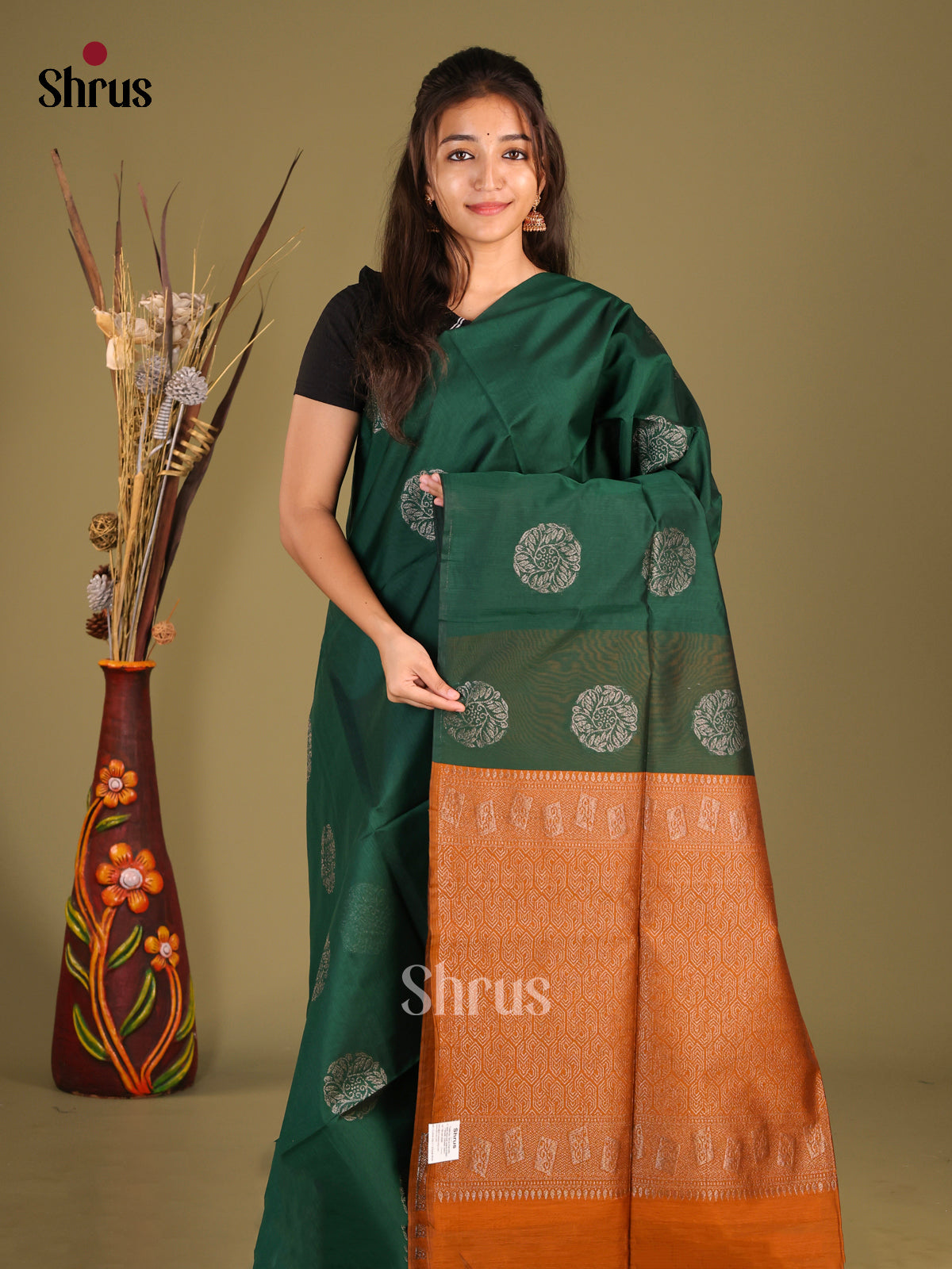 Green & Brick - Semi Silkcotton Saree - Shop on Shrus.com