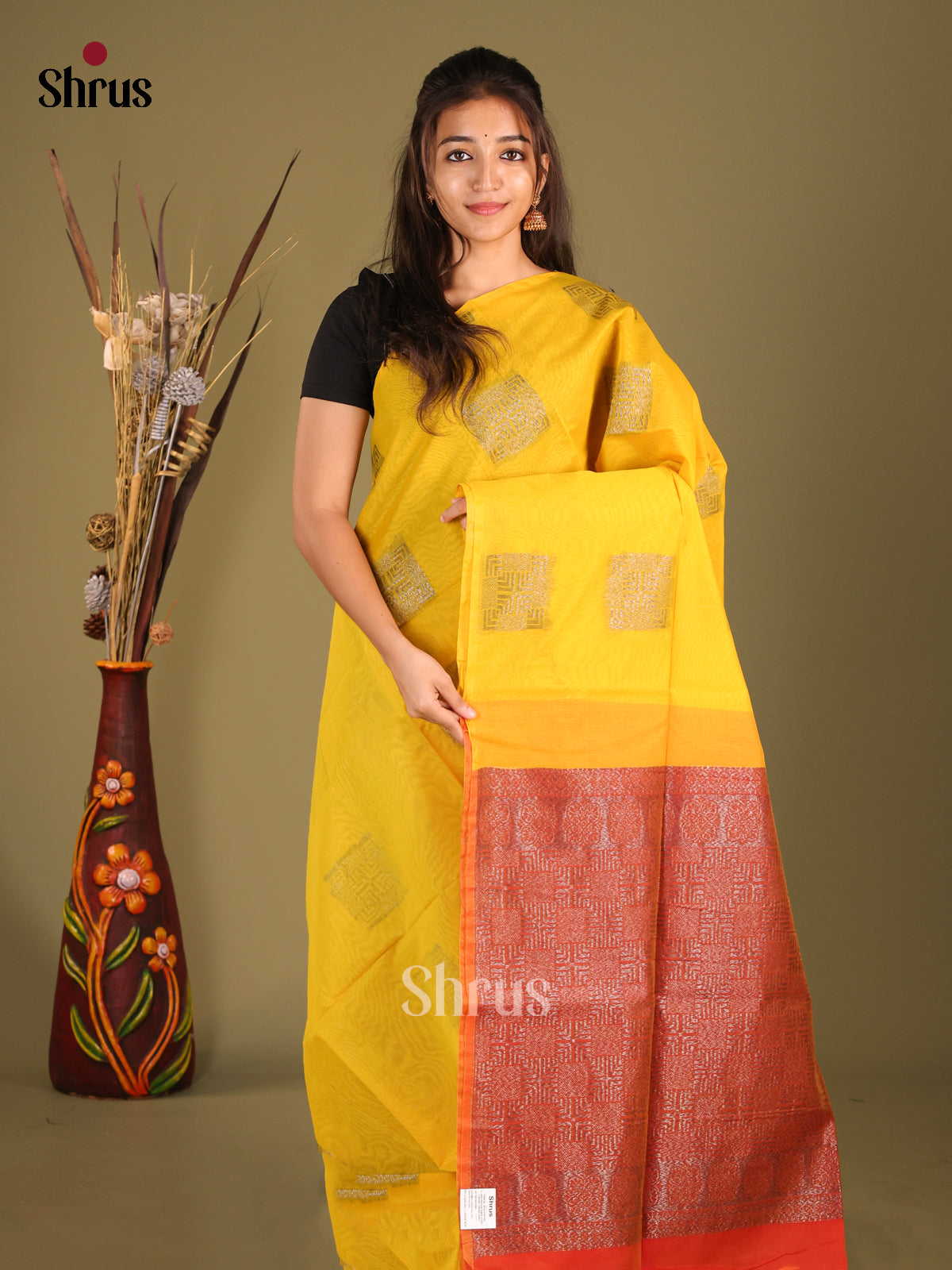 Yellow & Orange- Semi Silkcotton Saree - Shop on Shrus.com