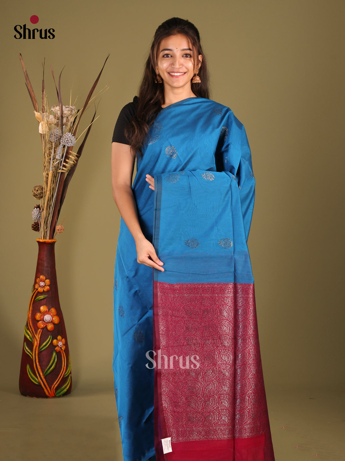 Blue & Maroon - Semi Silkcotton Saree