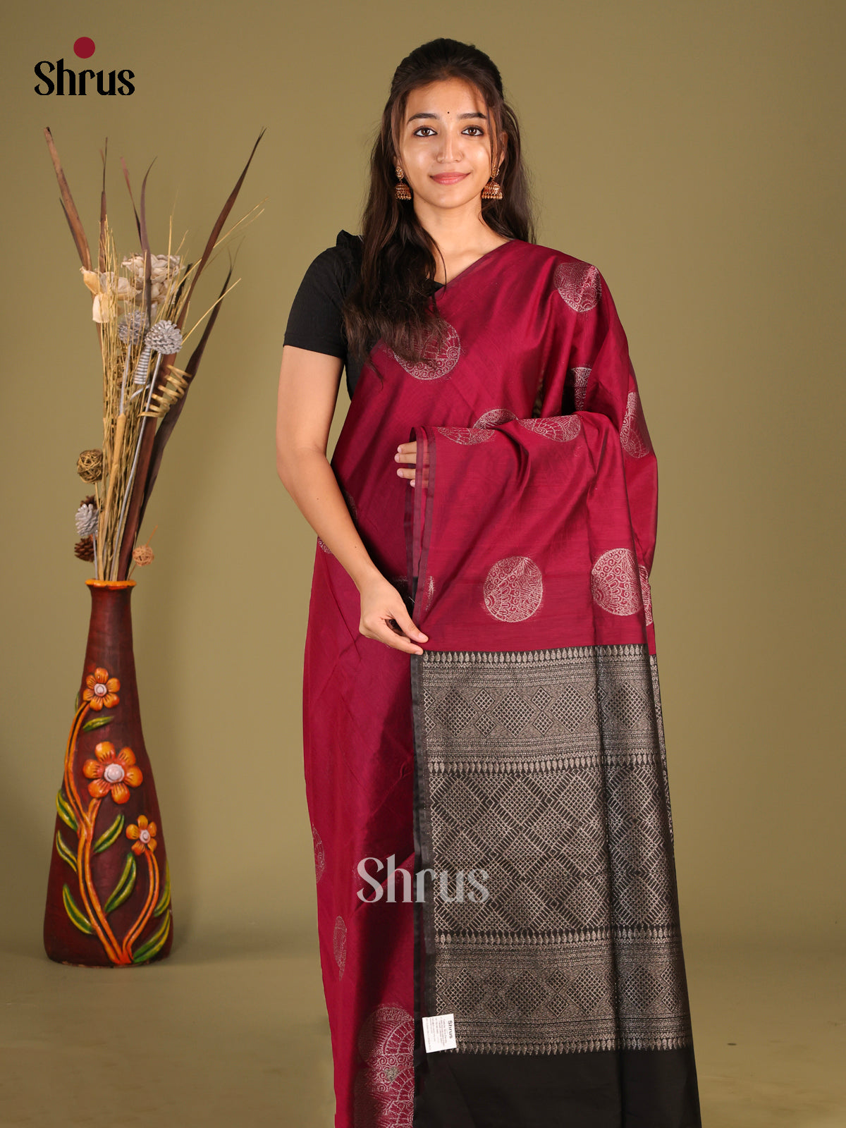 Maroon & Black - Semi Silkcotton Saree