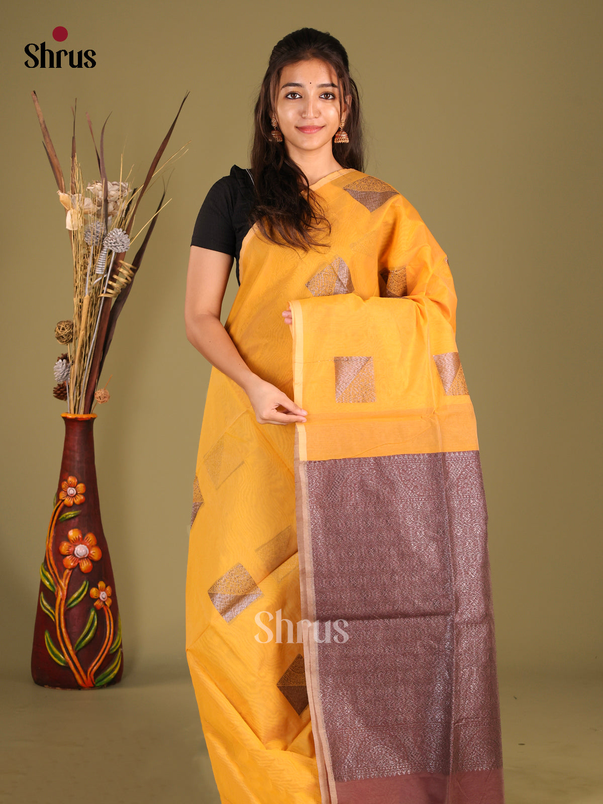 Yellow & Maroon - Semi Silkcotton Saree - Shop on Shrus.com