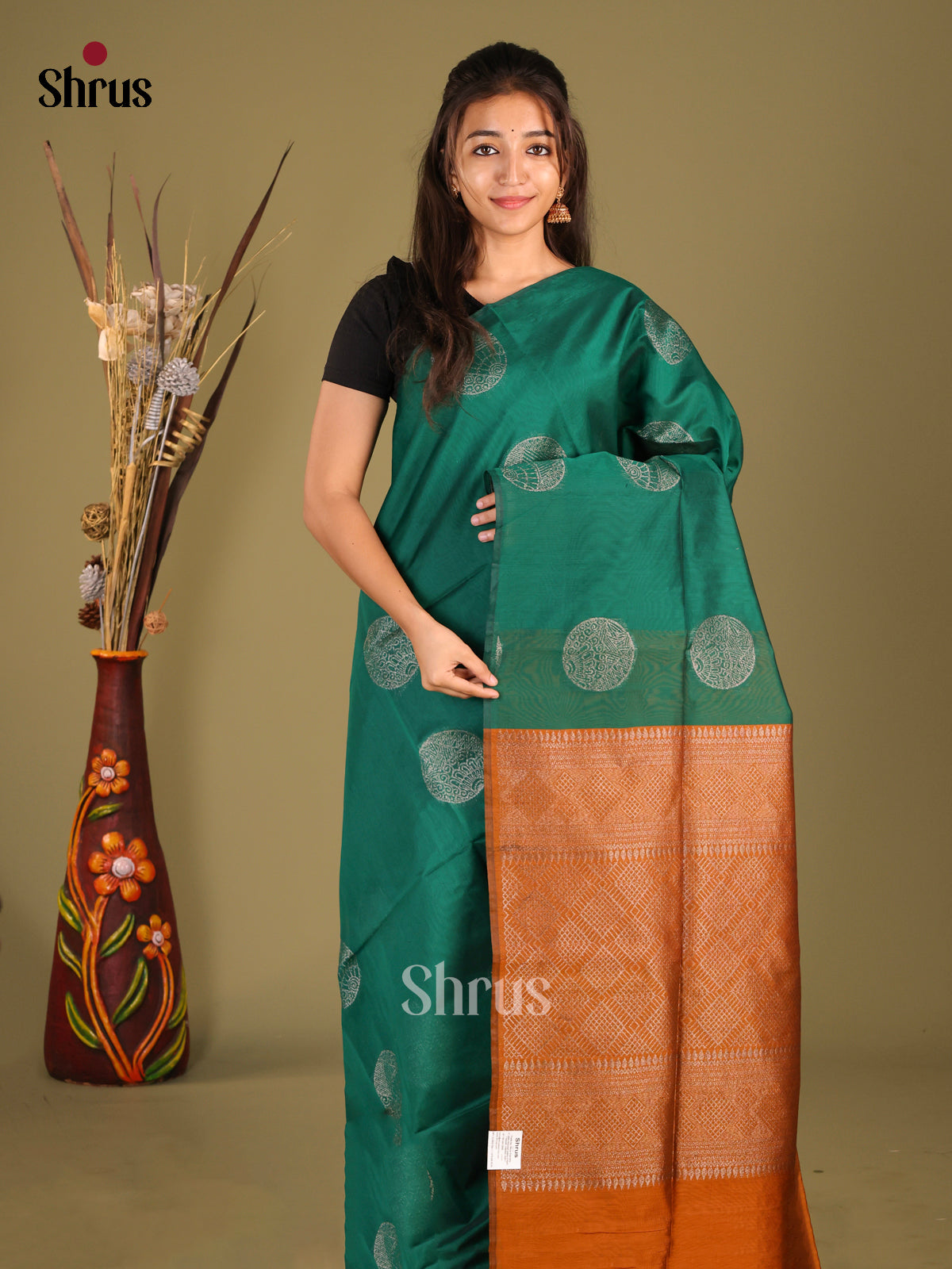 Green & Brick- Semi Silkcotton Saree