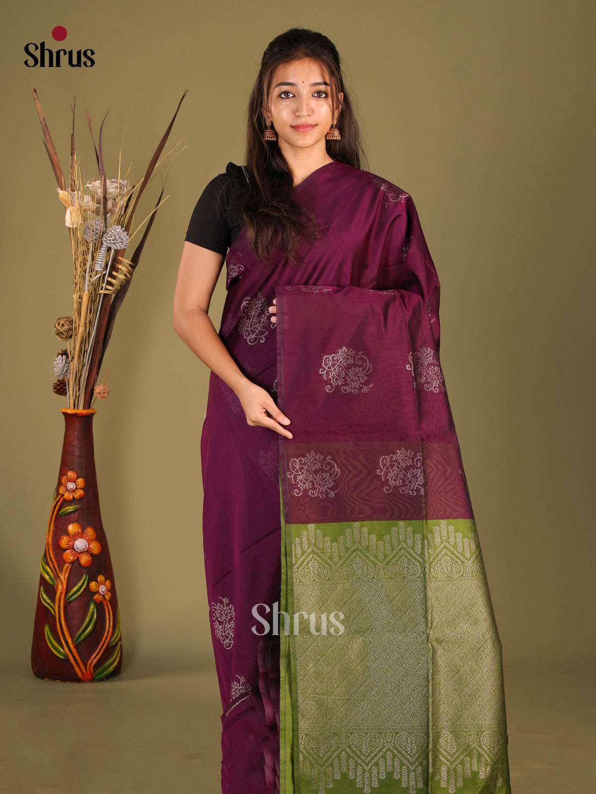 Purple & Green - Semi Silkcotton Saree - Shop on Shrus.com