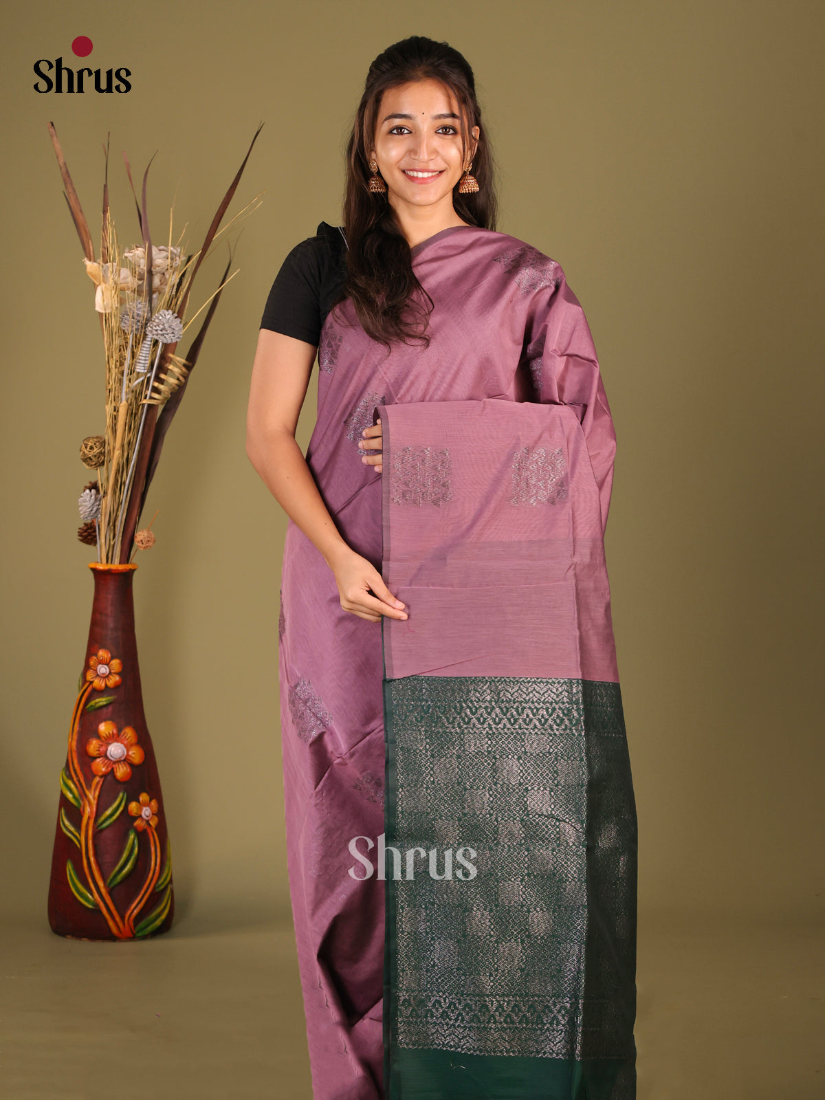 Lavender & Green - Semi Silkcotton Saree - Shop on Shrus.com