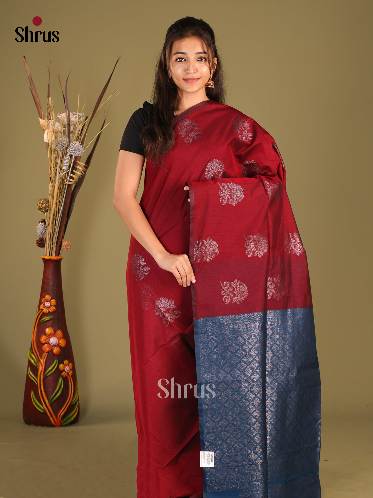 Maroon & Blue - Semi Silkcotton Saree - Shop on Shrus.com