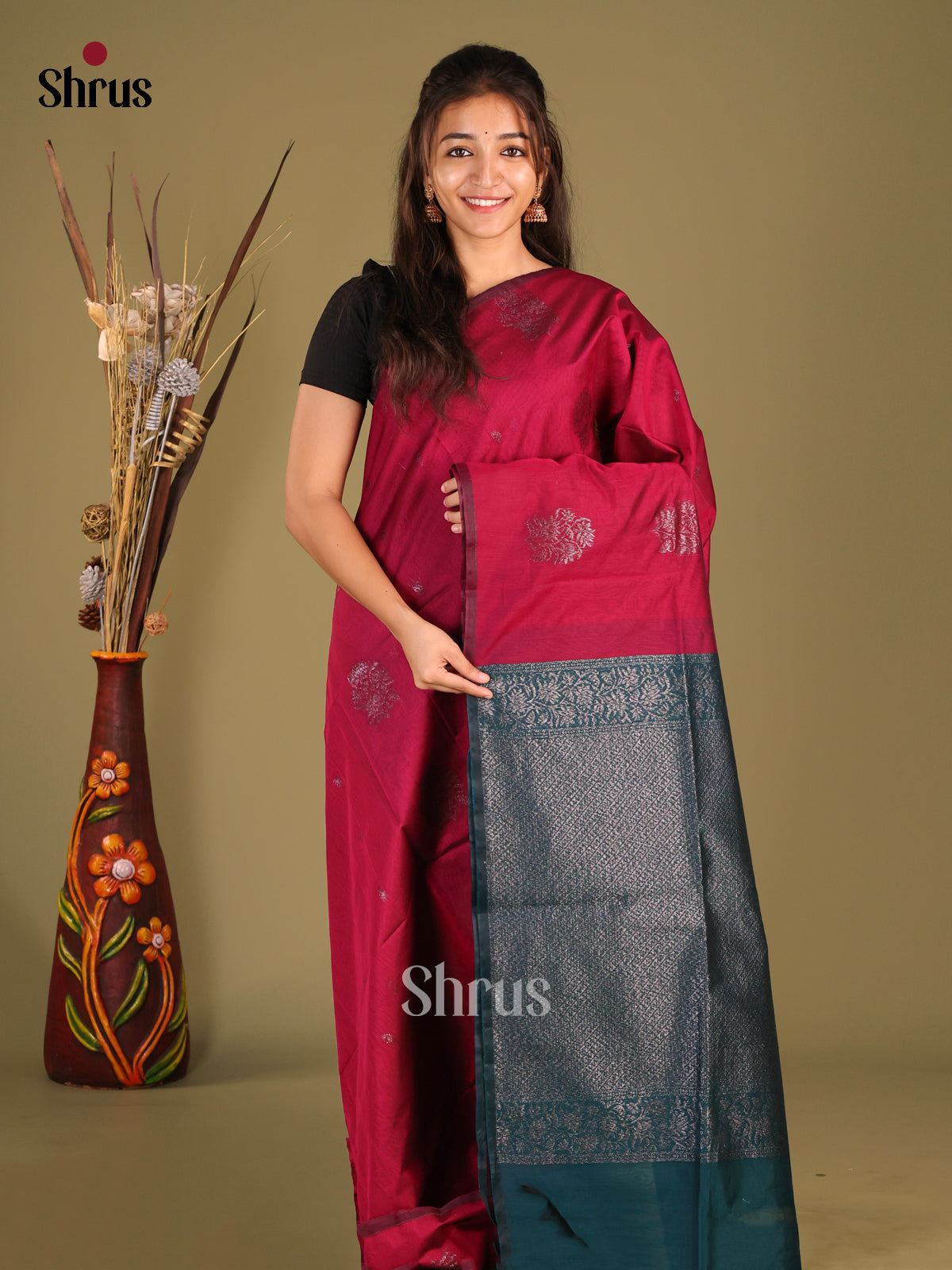 Maroon & Blue - Semi Silkcotton Saree - Shop on Shrus.com