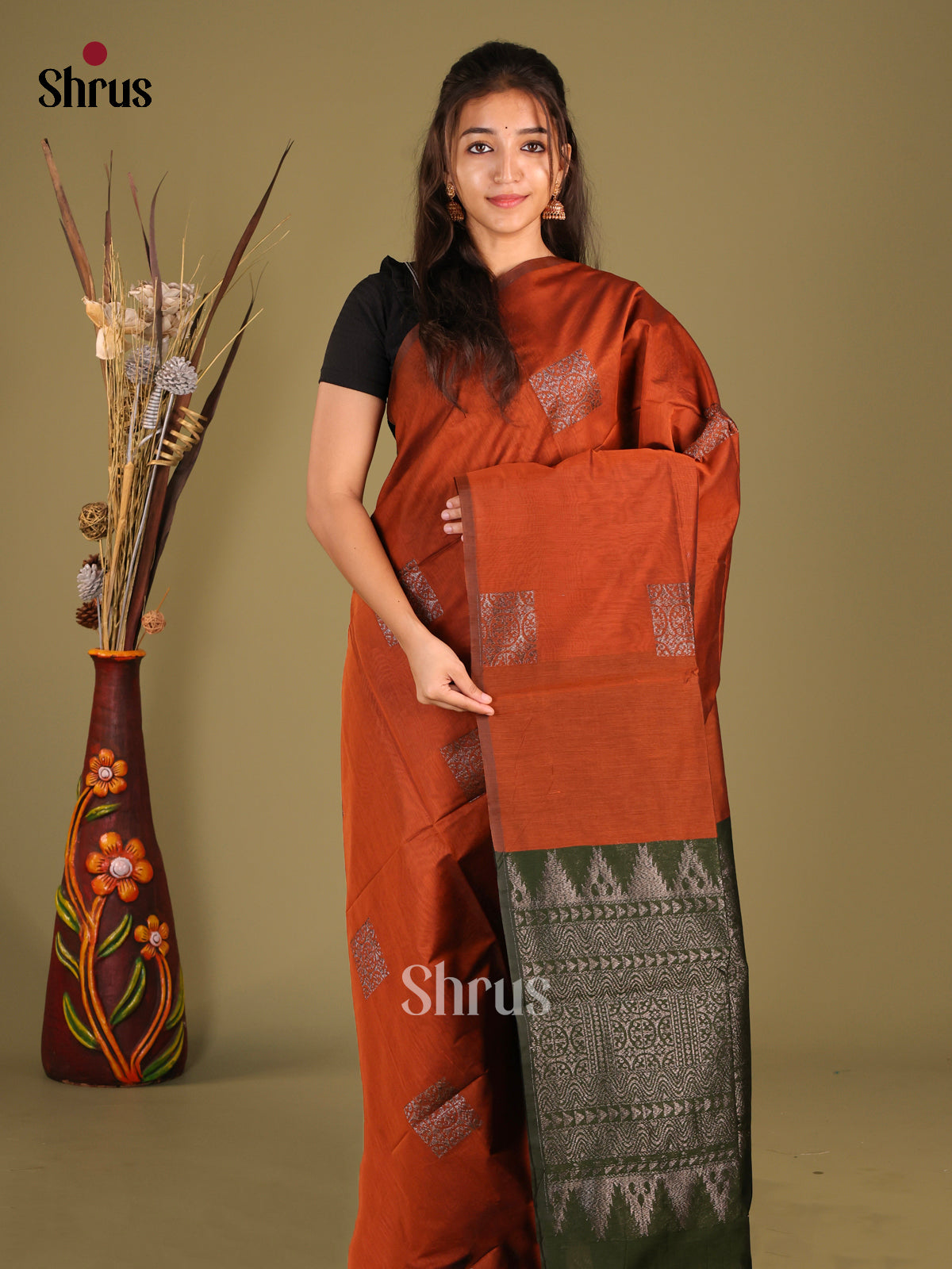 Rust & Green - Semi Silkcotton Saree - Shop on Shrus.com
