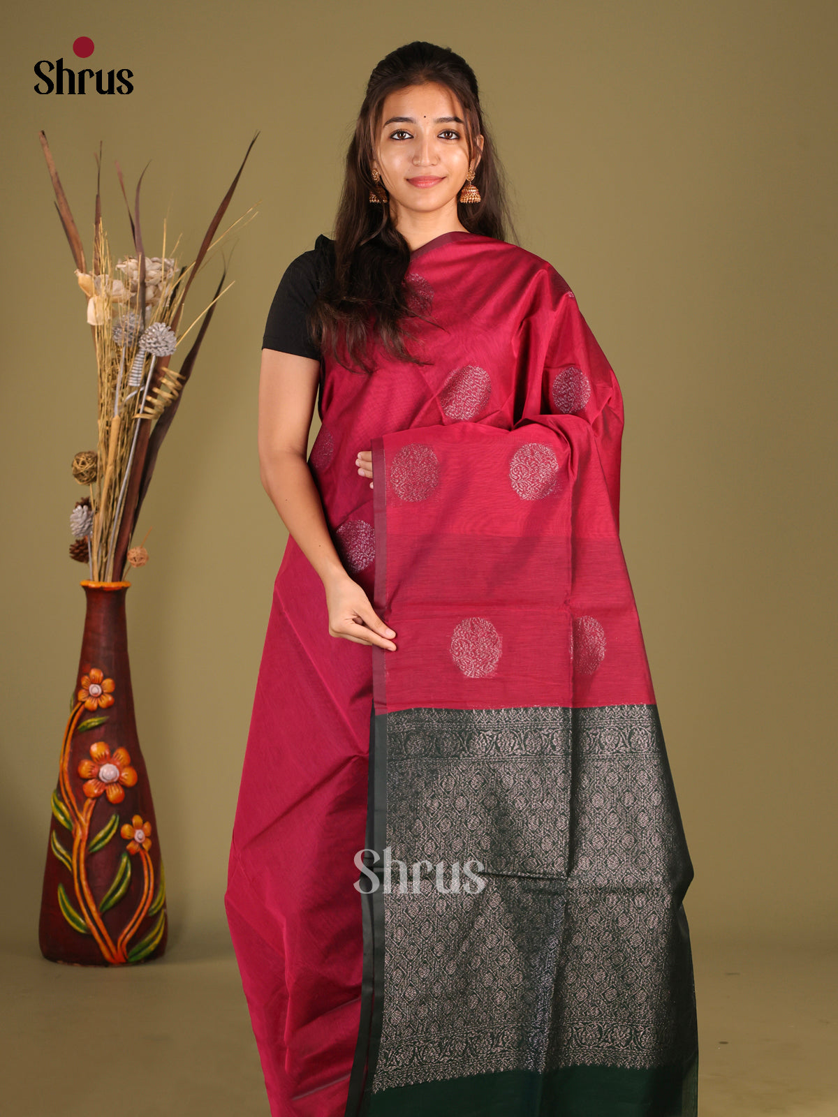 Maroon & Green - Semi Silkcotton Saree - Shop on Shrus.com