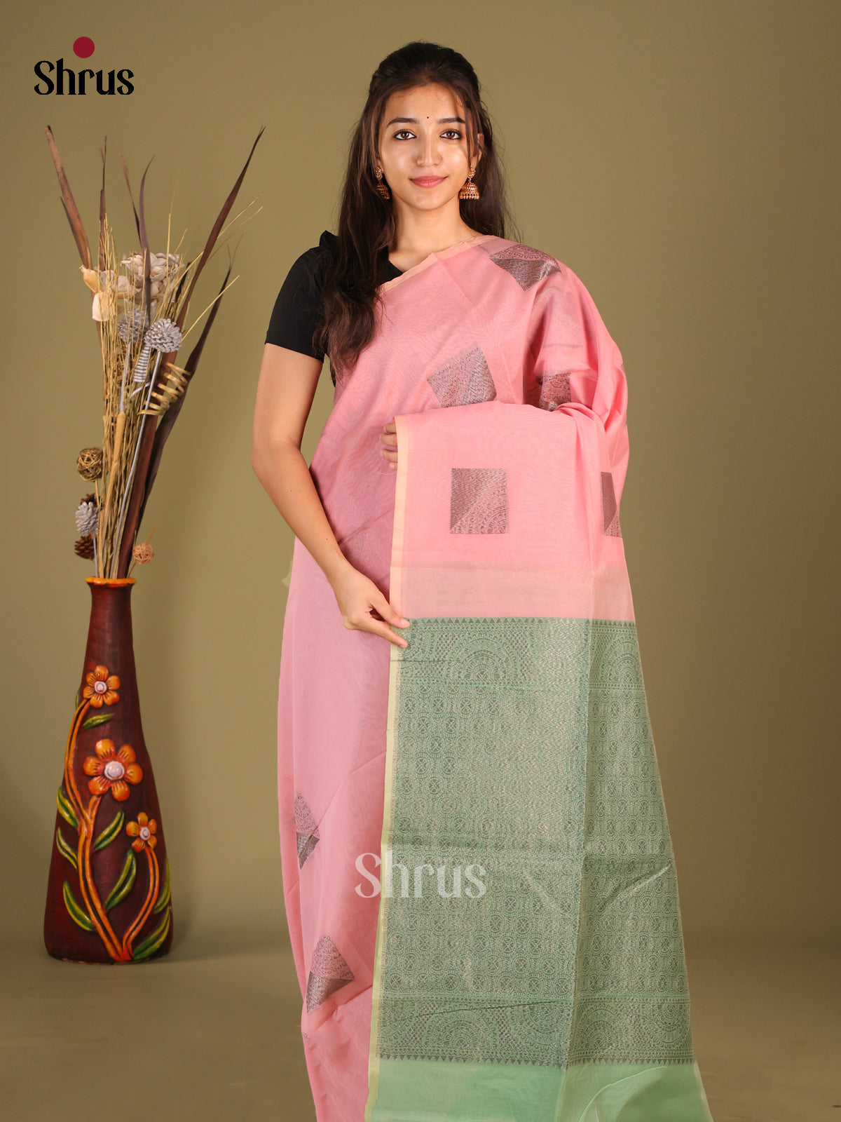 Pink & Green - Semi Silkcotton Saree - Shop on Shrus.com