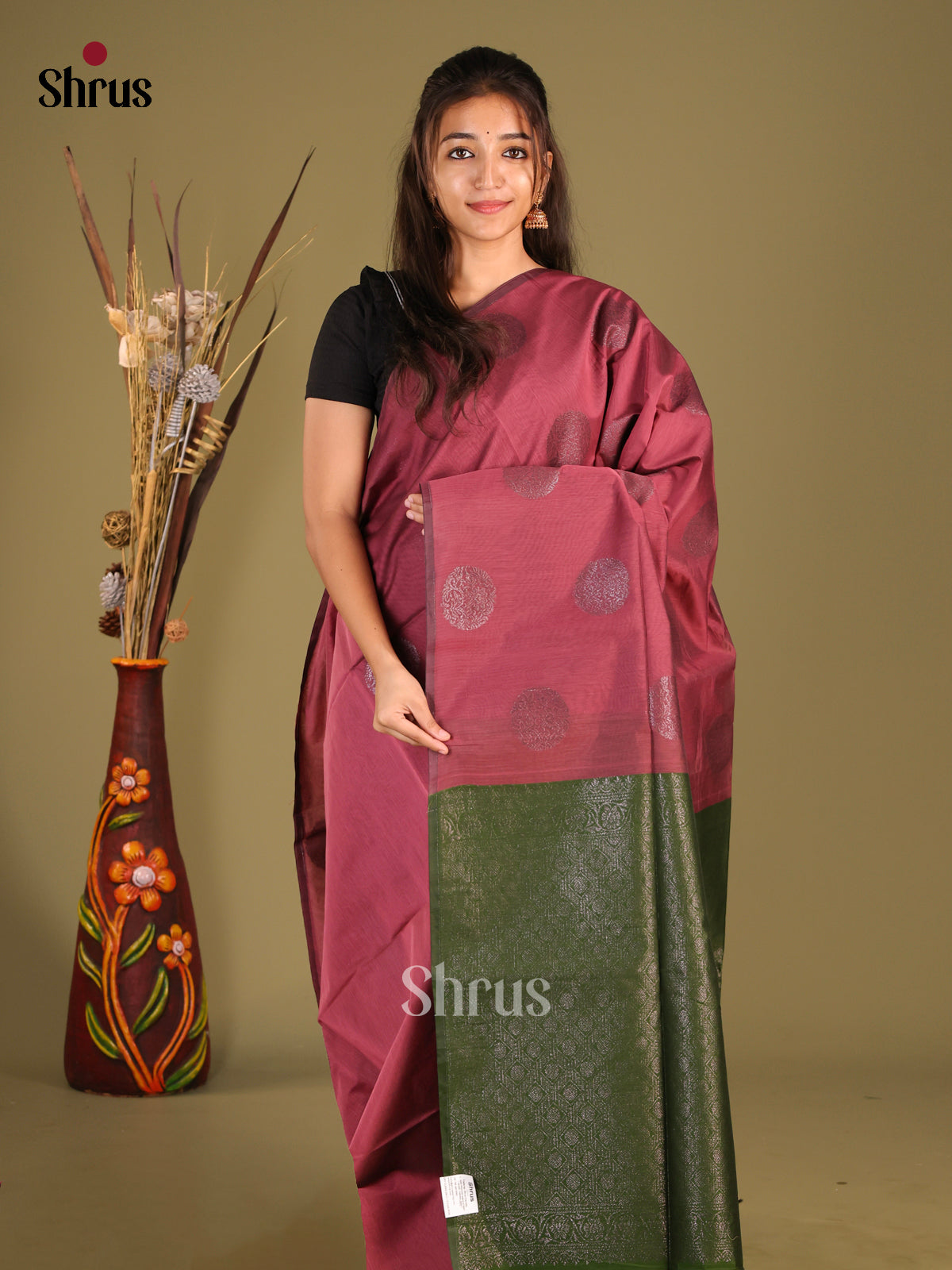 Maroon & green - Semi Silkcotton Saree - Shop on Shrus.com