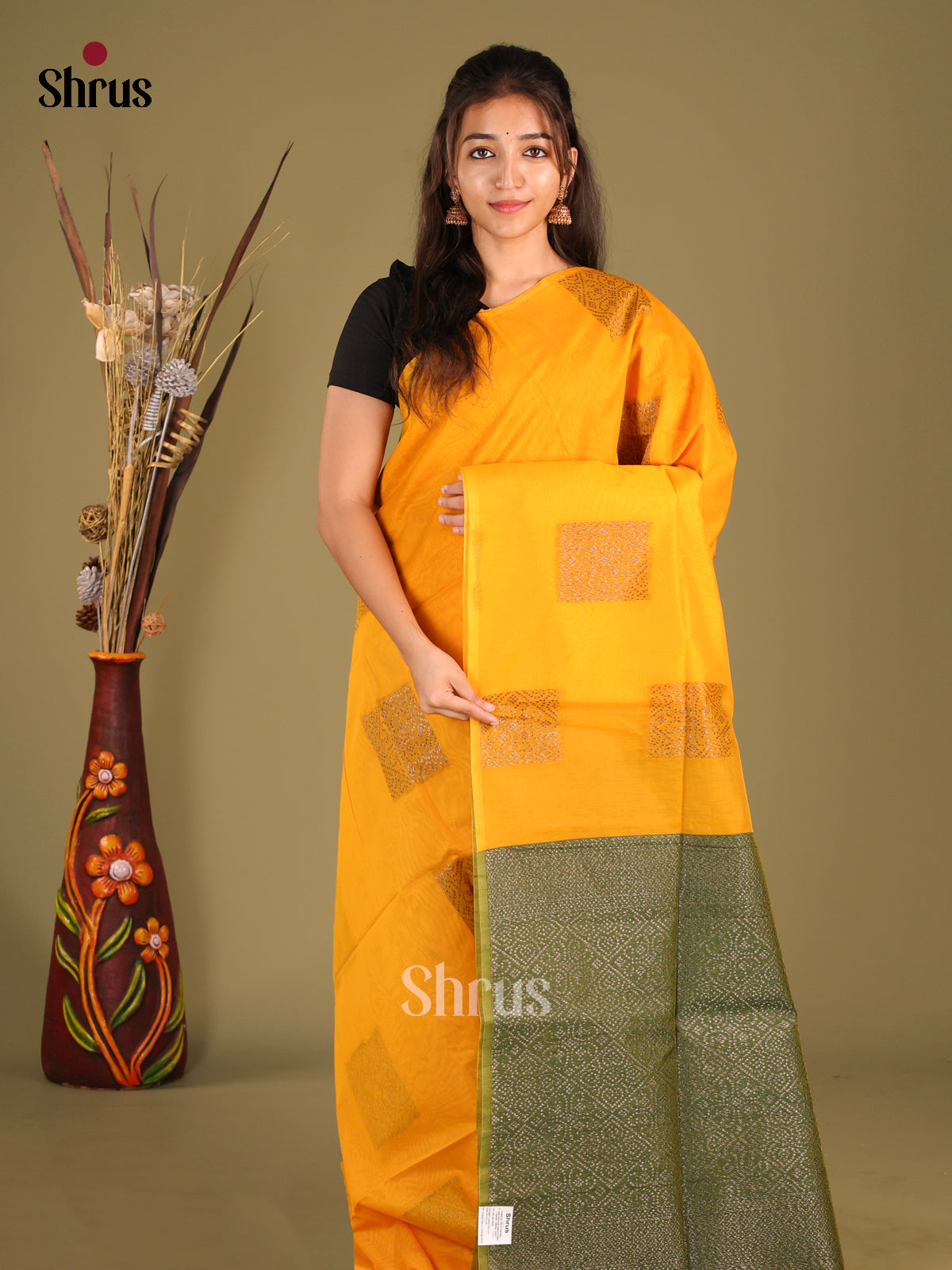 Yellow & Green - Semi Silkcotton Saree - Shop on Shrus.com