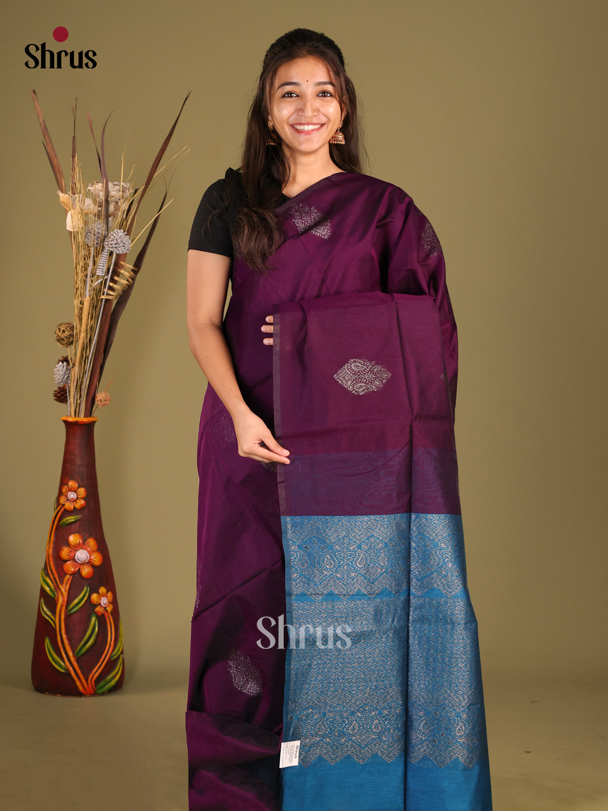 Purple & Blue - Semi Silkcotton Saree - Shop on Shrus.com