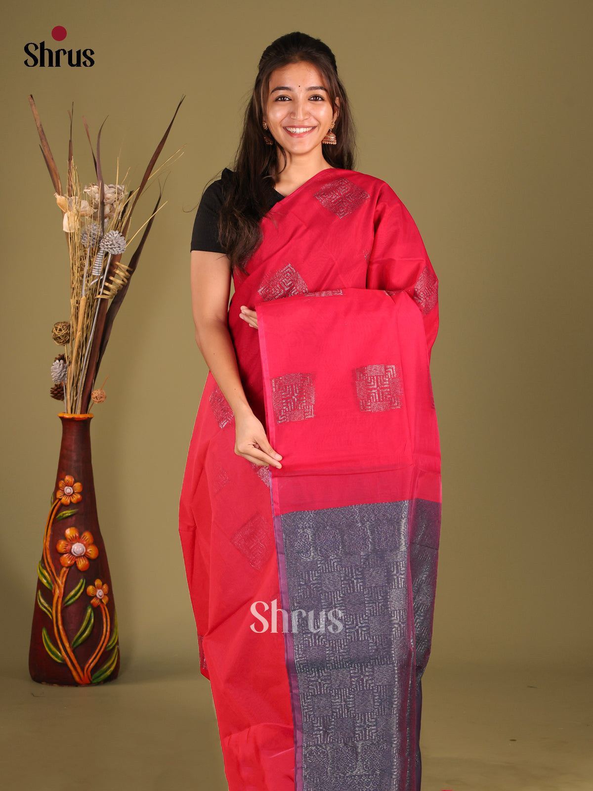 Red & Blue  - Semi Silkcotton Saree - Shop on Shrus.com