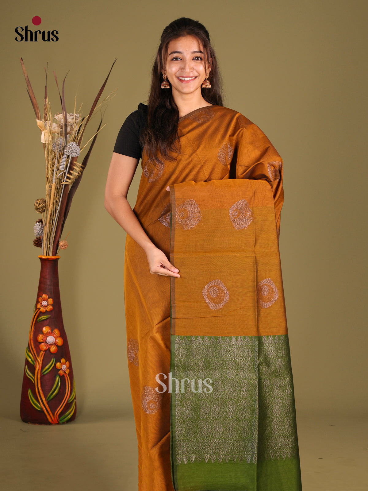 Mustard & Green - Semi Silkcotton Saree - Shop on Shrus.com