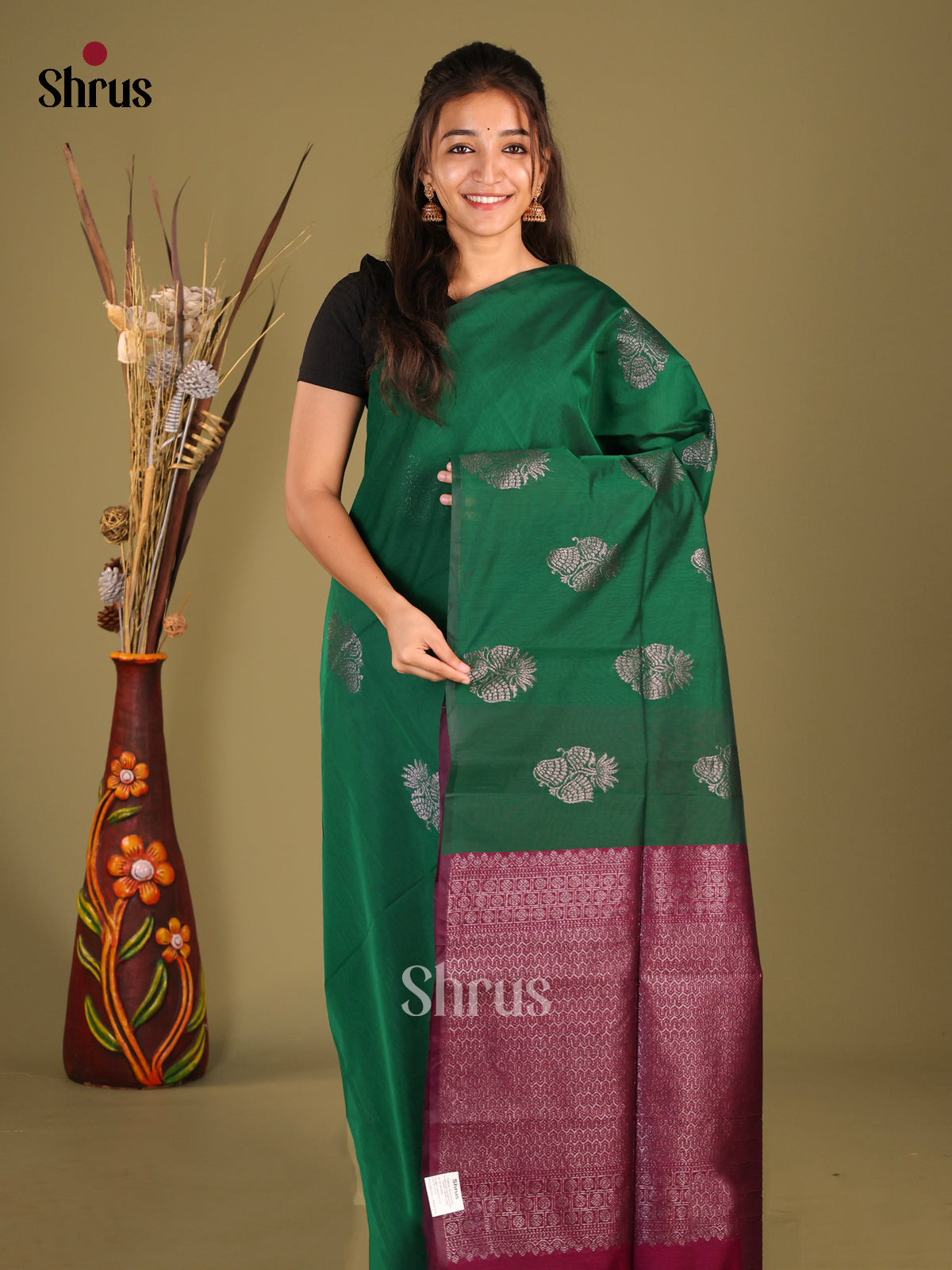 Green & Purple- Semi Silkcotton Saree - Shop on Shrus.com