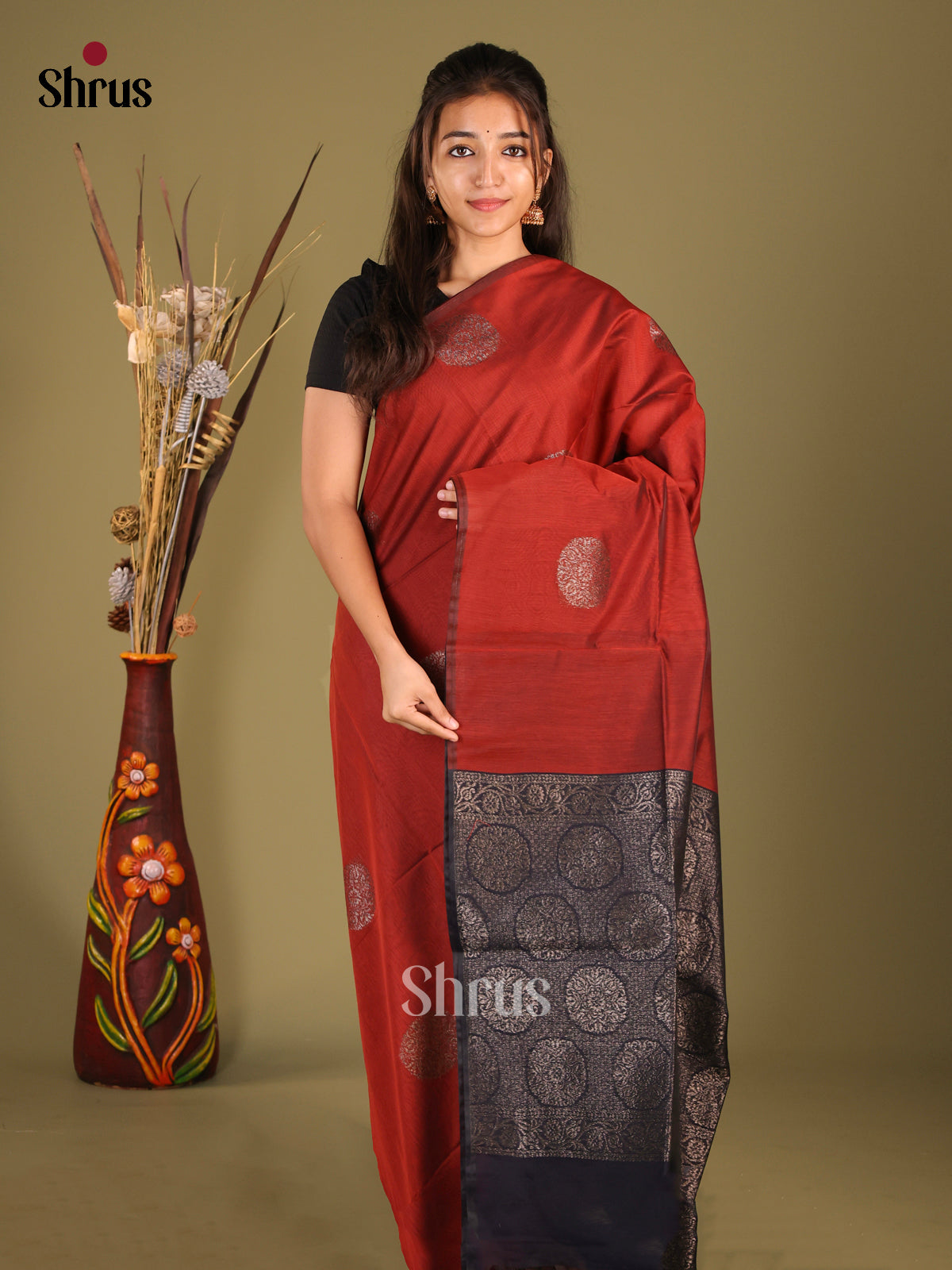 Maroon & Blue - Semi Silkcotton Saree - Shop on Shrus.com
