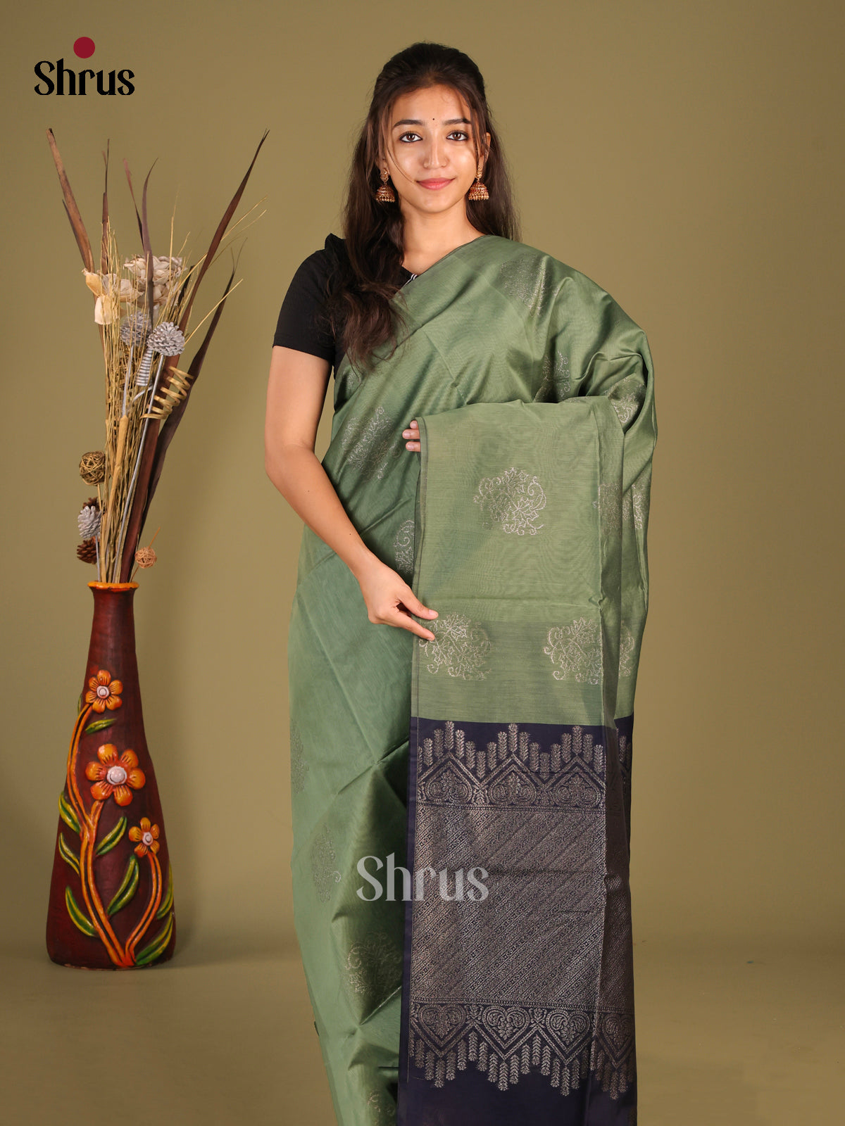 Green & Blue - Semi Silkcotton Saree - Shop on Shrus.com