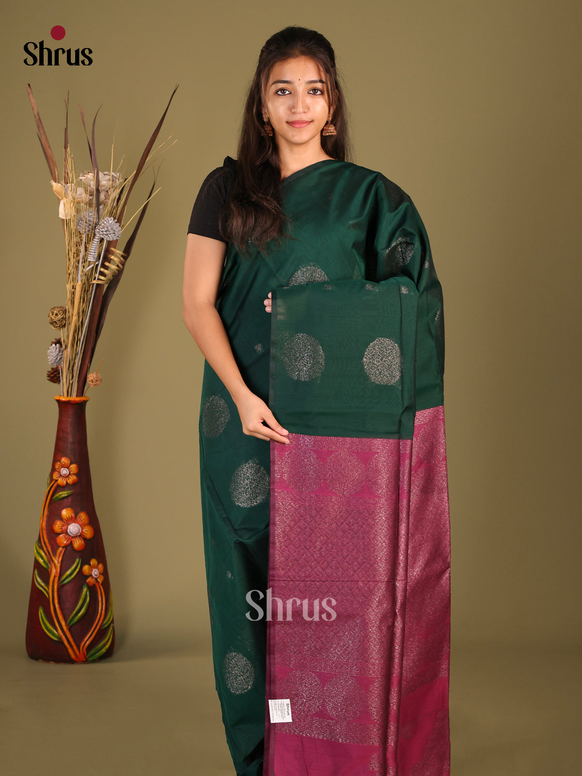 Green & Maroon - Semi Silkcotton Saree - Shop on Shrus.com