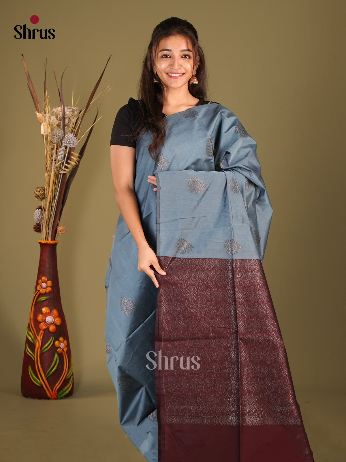 Grey & Maroon - Semi Silkcotton Saree - Shop on Shrus.com