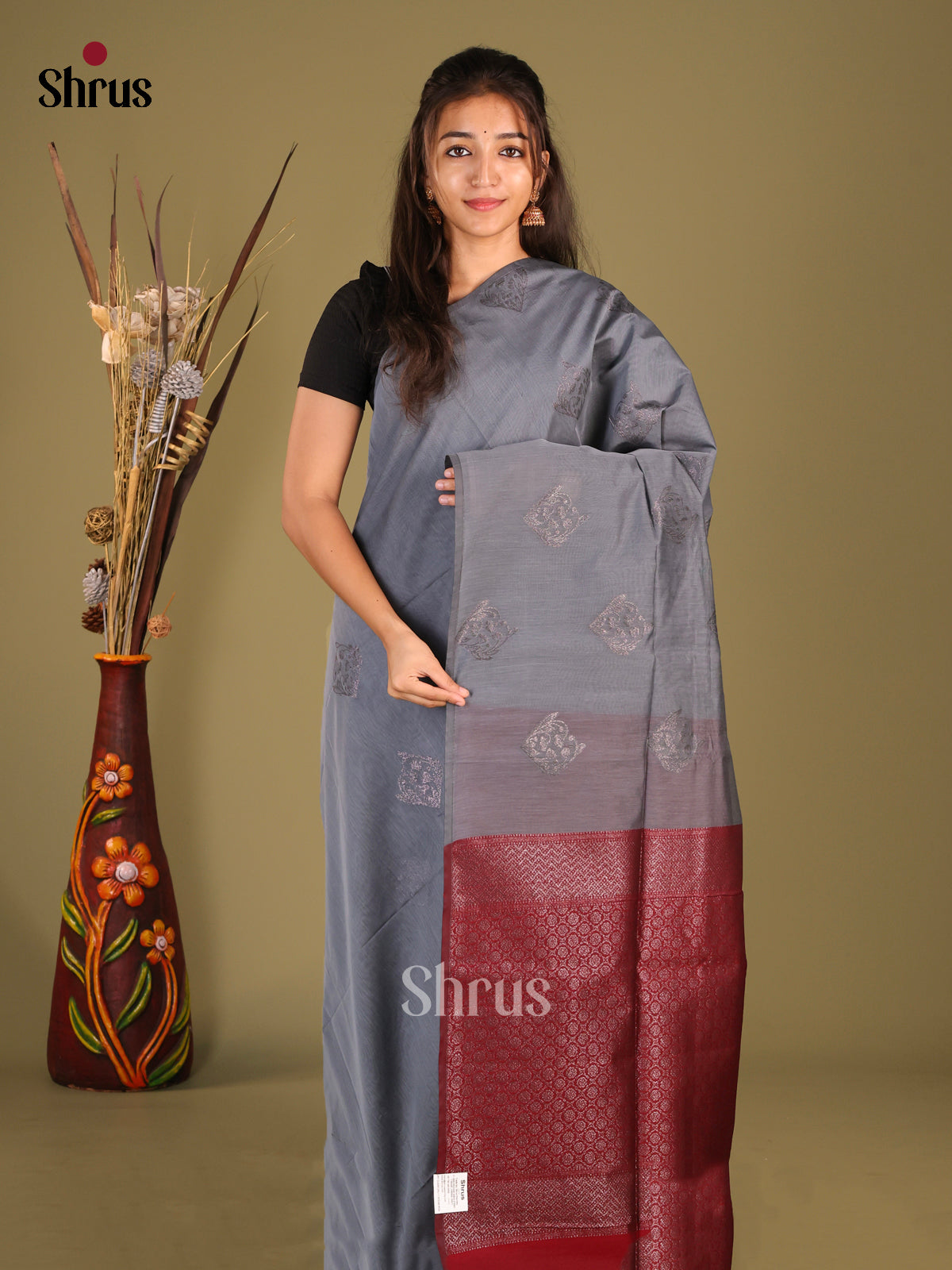 Grey & maroon - Semi Silkcotton Saree