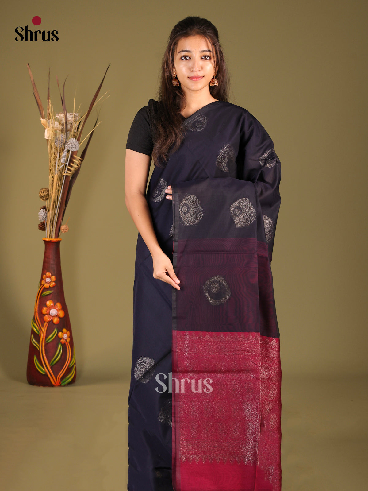 navy Blue & Maroon - Semi Silkcotton Saree - Shop on Shrus.com