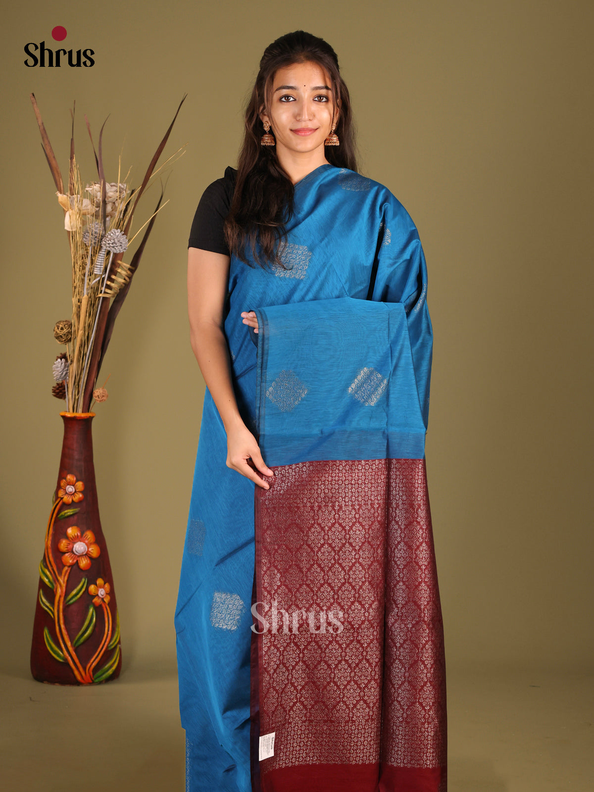 Blue  & Maroon- Semi Silkcotton Saree - Shop on Shrus.com