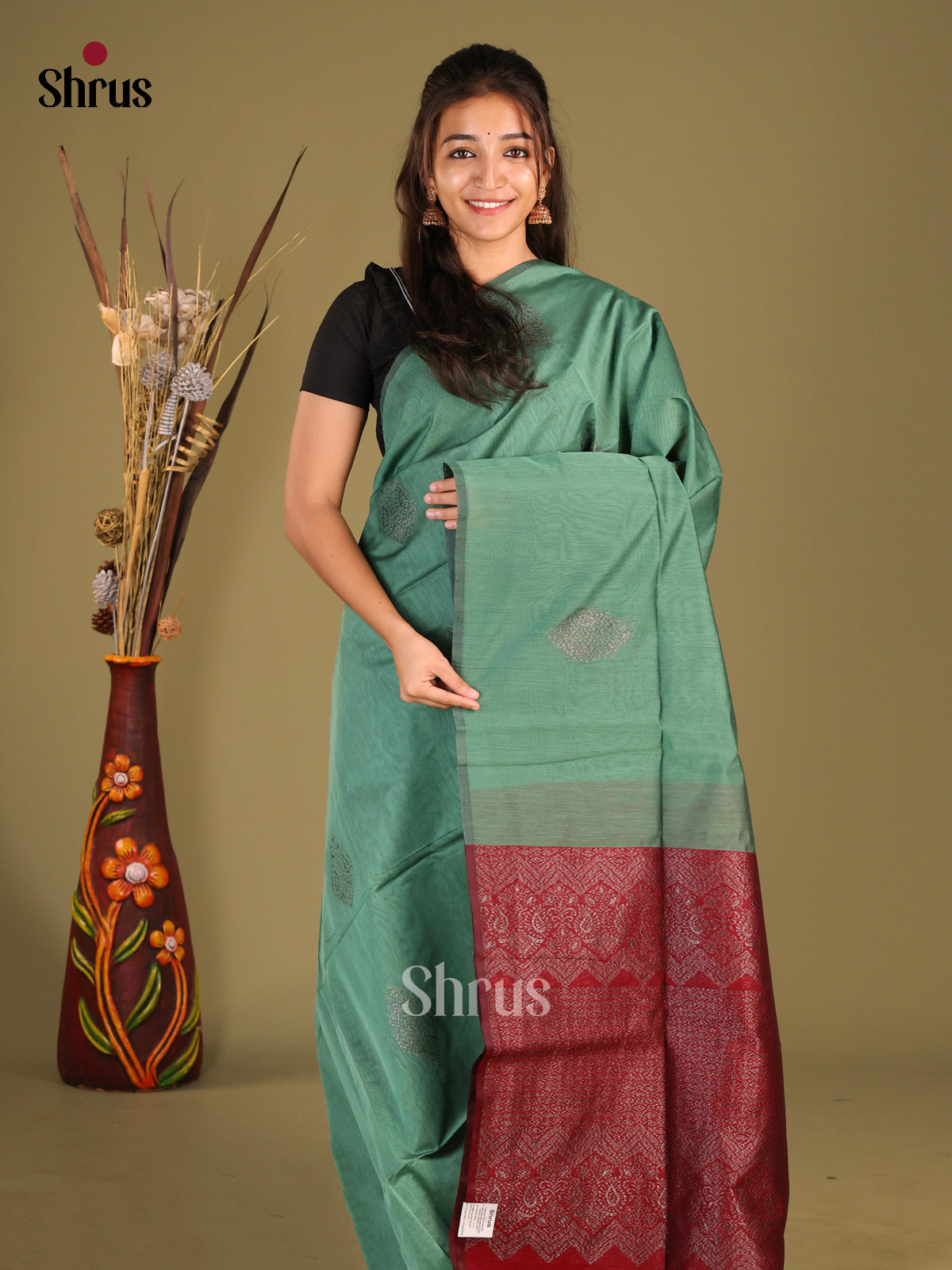 Green & maroon - Semi Silkcotton Saree - Shop on Shrus.com