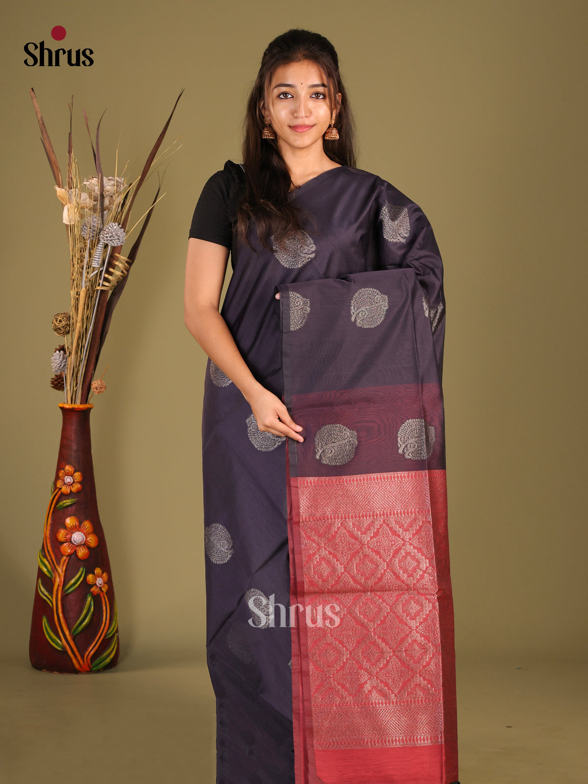 Navy Blue & Maroon - Semi Silkcotton Saree - Shop on Shrus.com