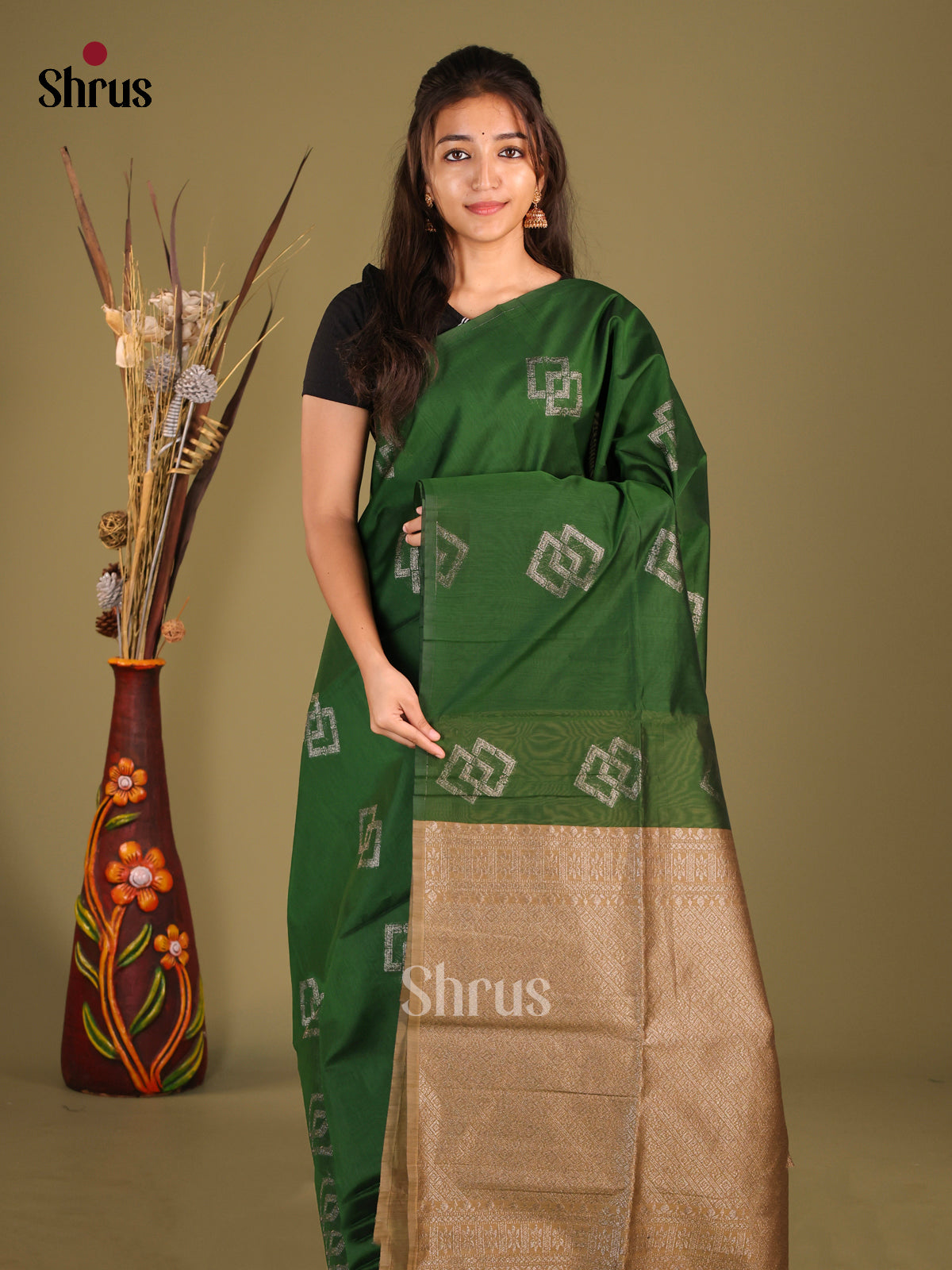 Green  - Semi Silkcotton Saree - Shop on Shrus.com
