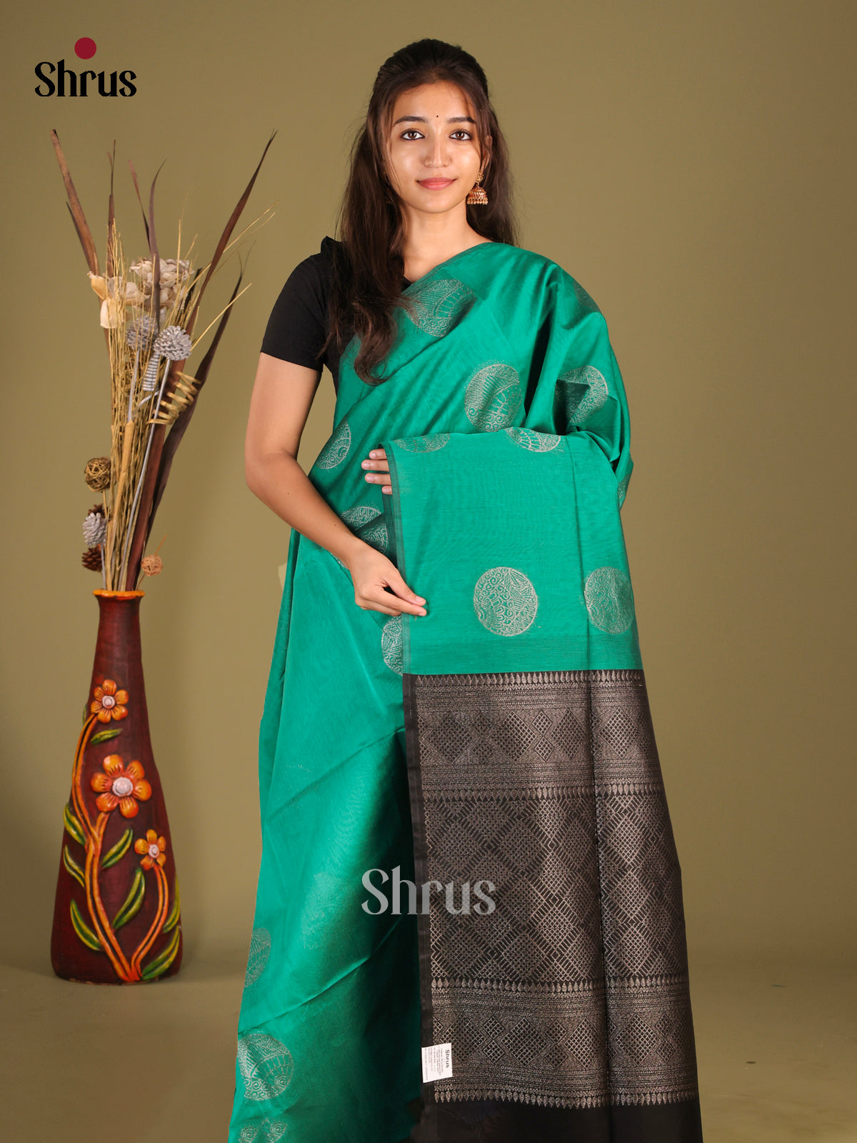 Green & Black - Semi Silkcotton Saree - Shop on Shrus.com