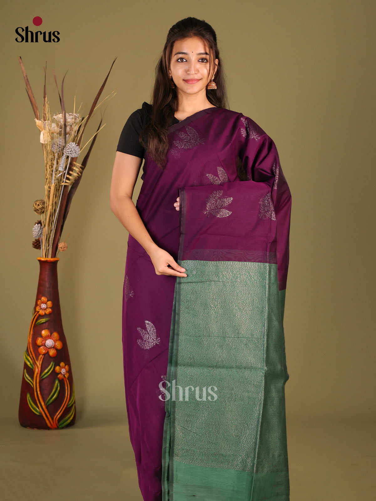 Violet & Green  - Semi Silkcotton Saree - Shop on Shrus.com
