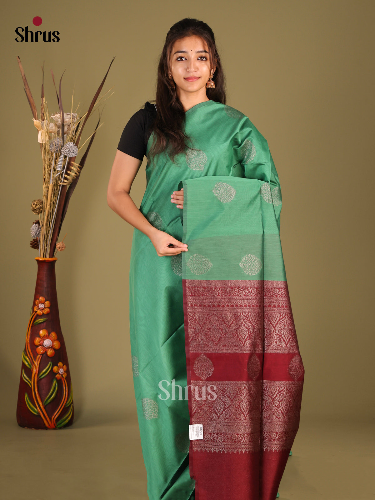 Green & Maroon  - Semi Silkcotton Saree