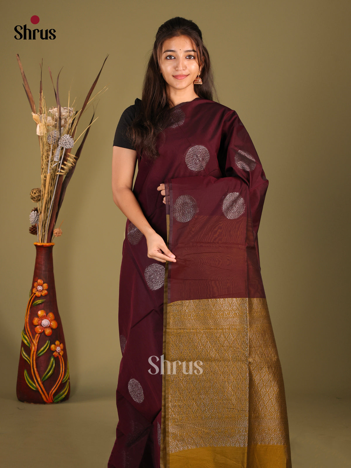 Maroon & Green - Semi Silkcotton Saree - Shop on Shrus.com