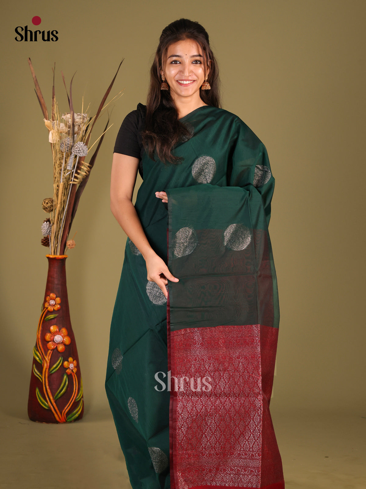 Green & maroon - Semi Silkcotton Saree - Shop on Shrus.com