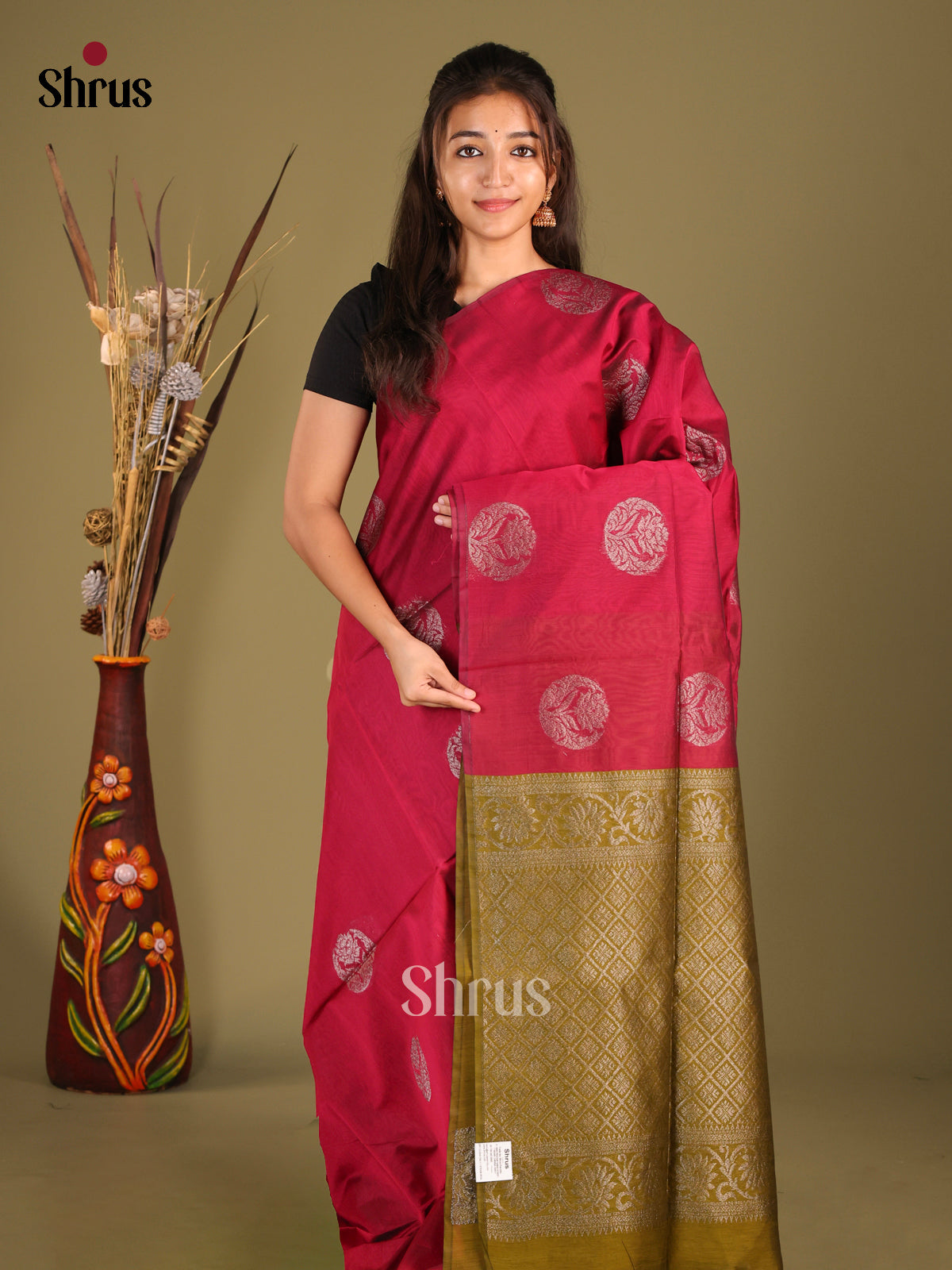 Maroon & Green - Semi Silkcotton Saree - Shop on Shrus.com