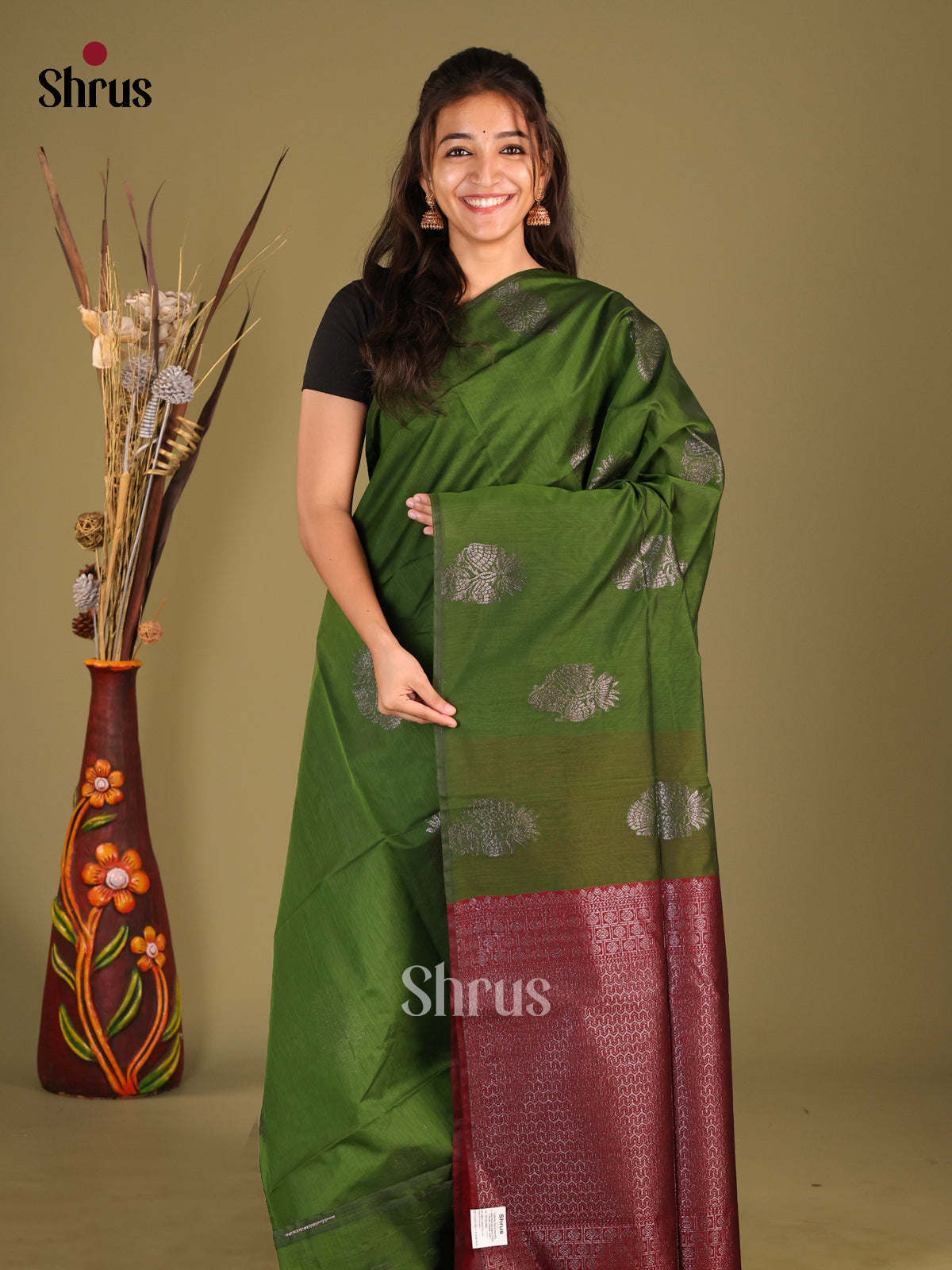 Green & Maroon - Semi Silkcotton Saree - Shop on Shrus.com